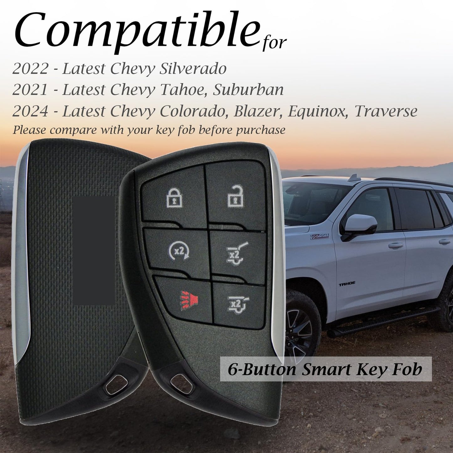 Vitodeco Leather Smart Key Fob Case Cover Protector Compatible with Chevrolet Silverado, Colorado, Suburban, Tahoe, Blazer, Equinox, Traverse - 6-Button, Brown