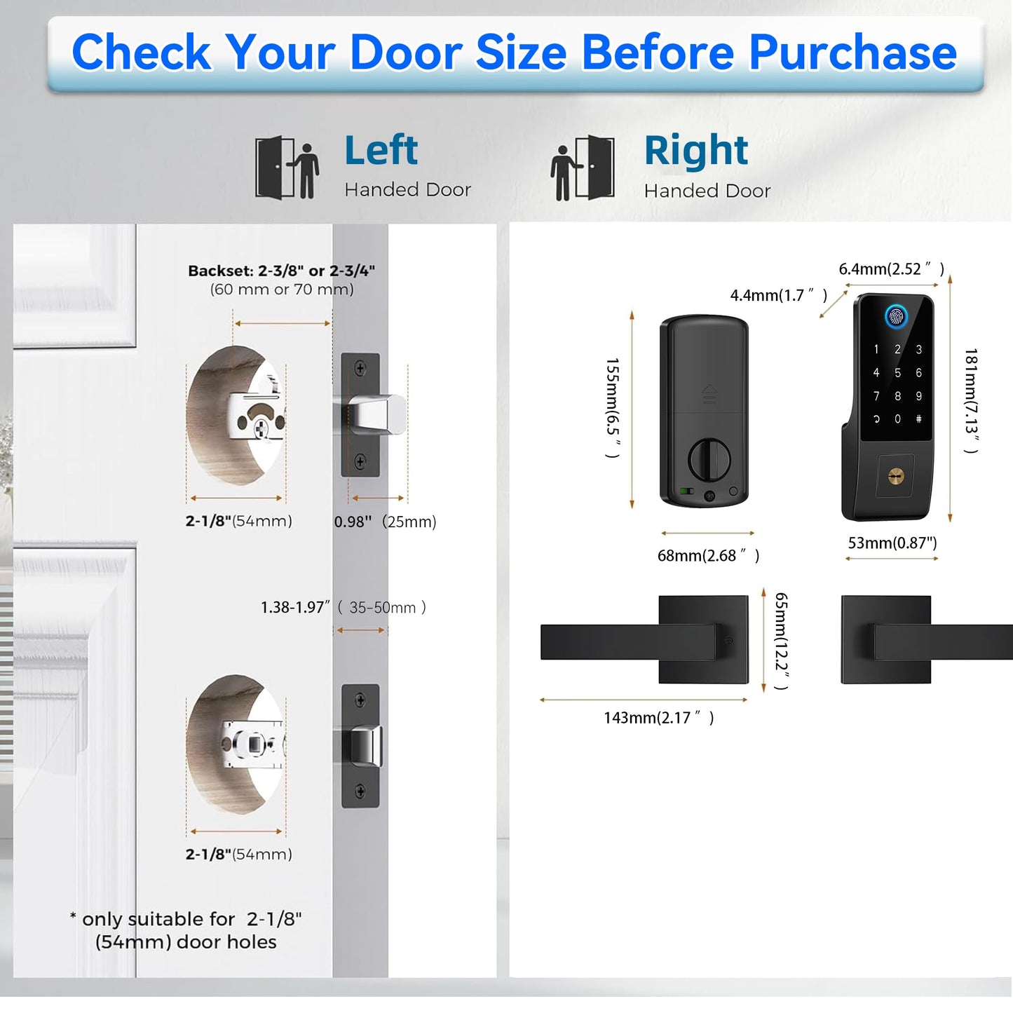 Smart Fingerprint Digital Door Lock - Keypad Lock and 2-Lever Handle Set,Keyless Entry Deadbolt for Front Door, App & Voice Control, Auto-Lock, Anti-Peep,Matte Black