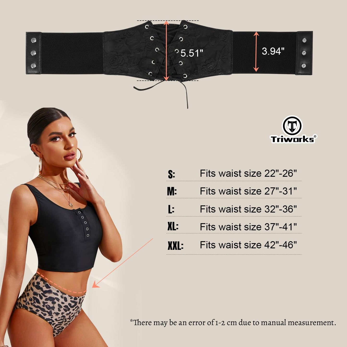 TRIWORKS Women Waist Belt Corset Lace Up Tied Waspie Elastic Wide Belt for Dresses Halloween Pirate Corset Black