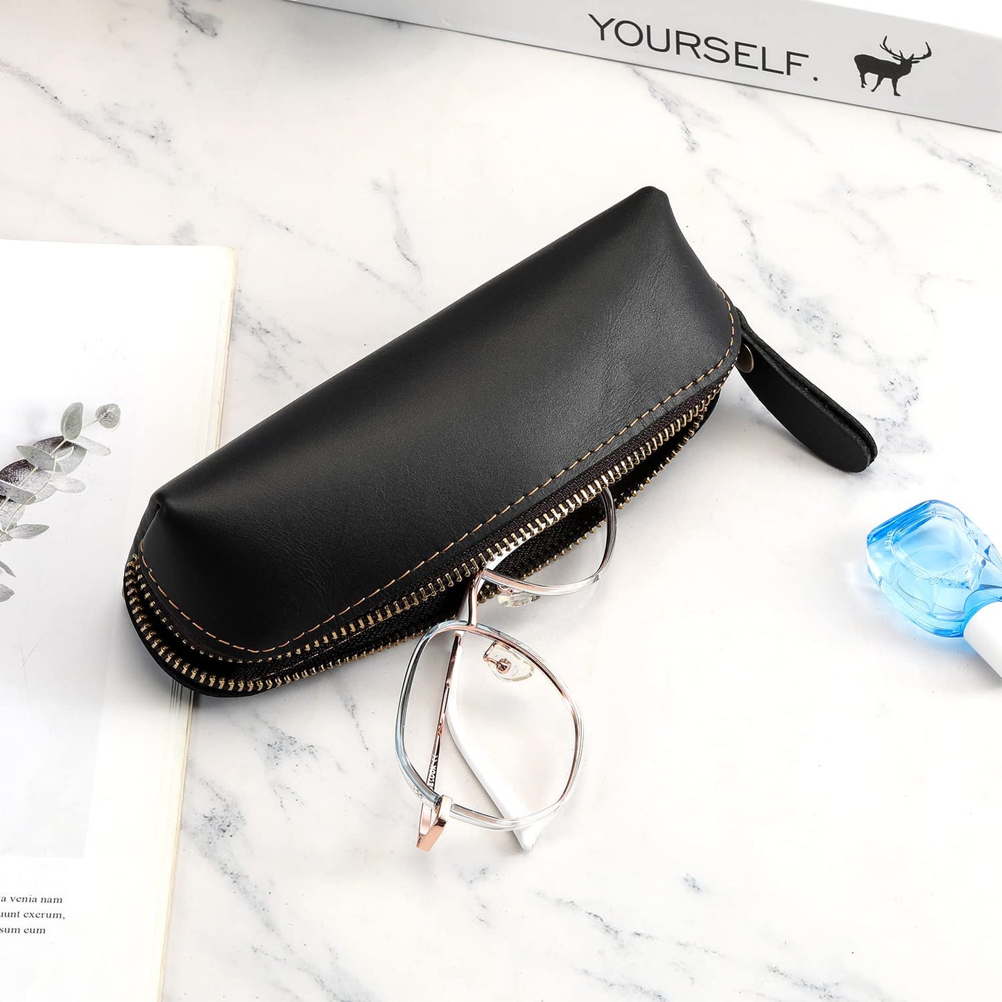 RZEOTPII Pen Pouch Pencil Bag Black Leather Pencil Holder Small Portable Zipper Case for Fountain Pen Markers Makeups Change Coins,Gift for Adults Mens Womens (Black)