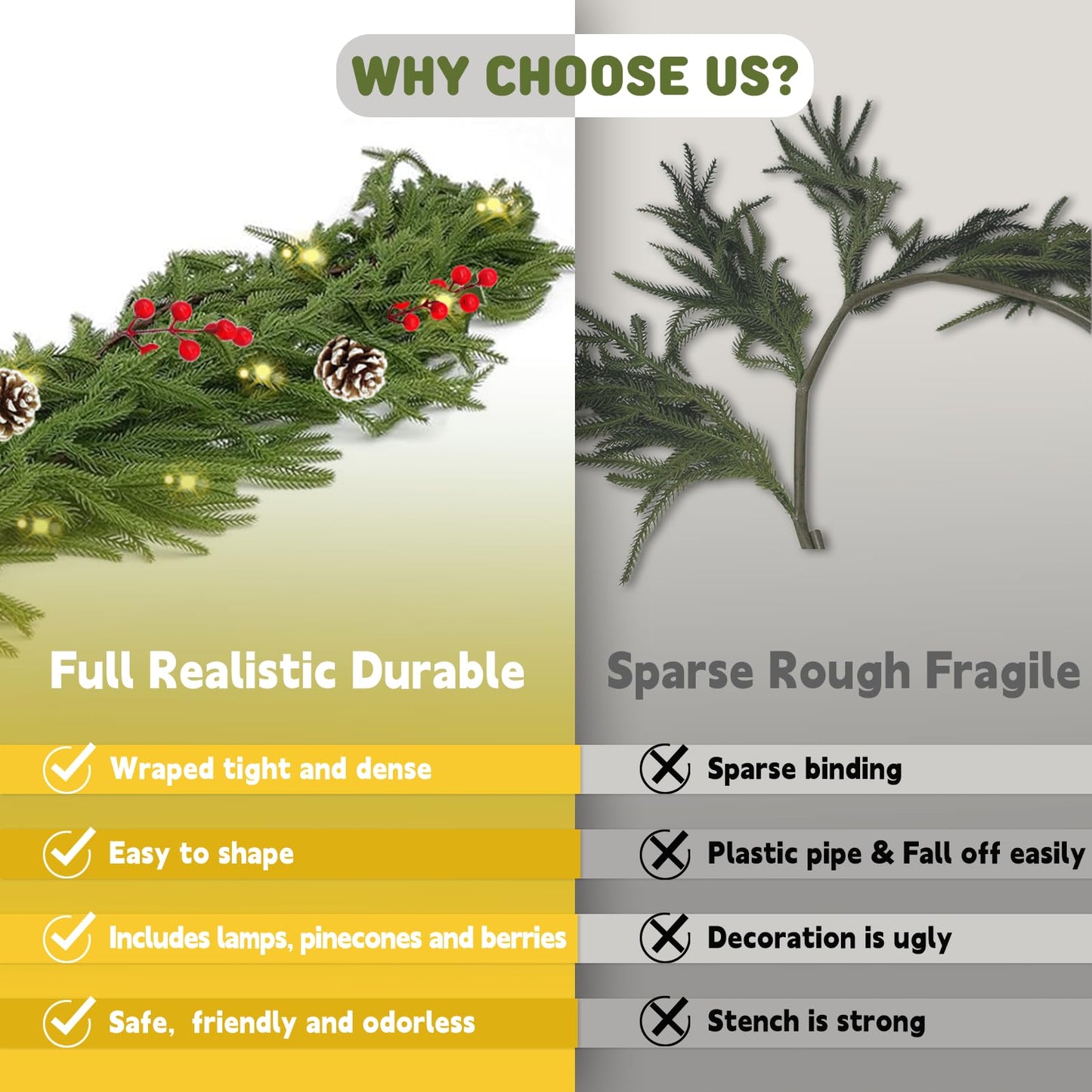 6FT Norfolk Pine Garland with Light for Christmas Decoration, Artificial Christmas Garland Without Chemical Scent, Real Touch Cedar Garland for Mantle,Table, Fireplace, Wall and Outdoor Decoration