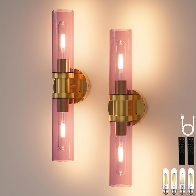 Rechargeable Battery Wall Sconce Set of Two, 8000mAh Cordless, Dimmable, Timer, Remote, Touch Control, USB-C Charging for Living Room, Bedroom Gold with Wine Red Lampshade (Include 4 Special Bulbs)