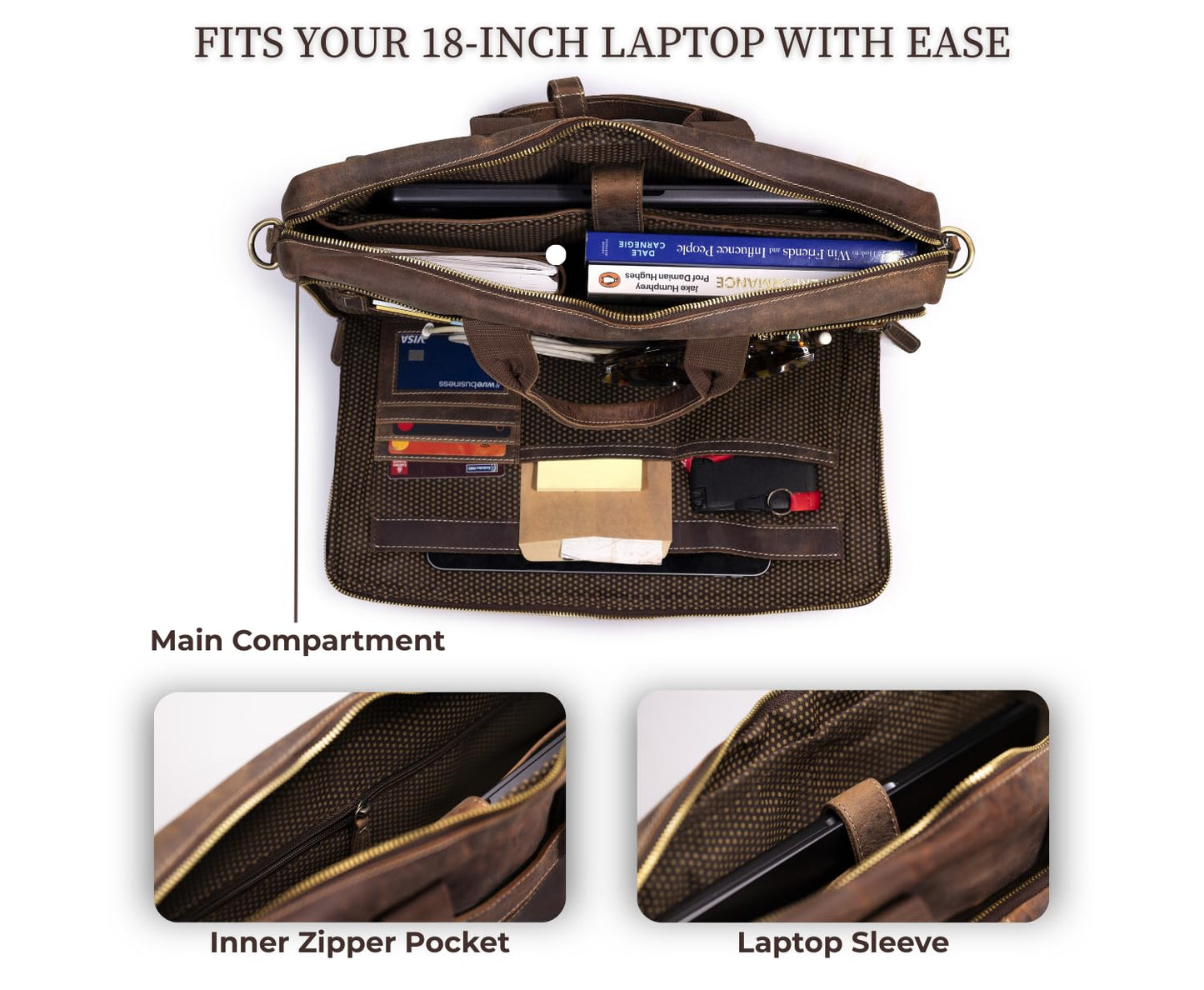 NomadCraftsCo. Brown Leather Messenger Bag for Men, Genuine Leather Briefcase, 18 Inch Work Satchel for Office, Travel, and Business Use