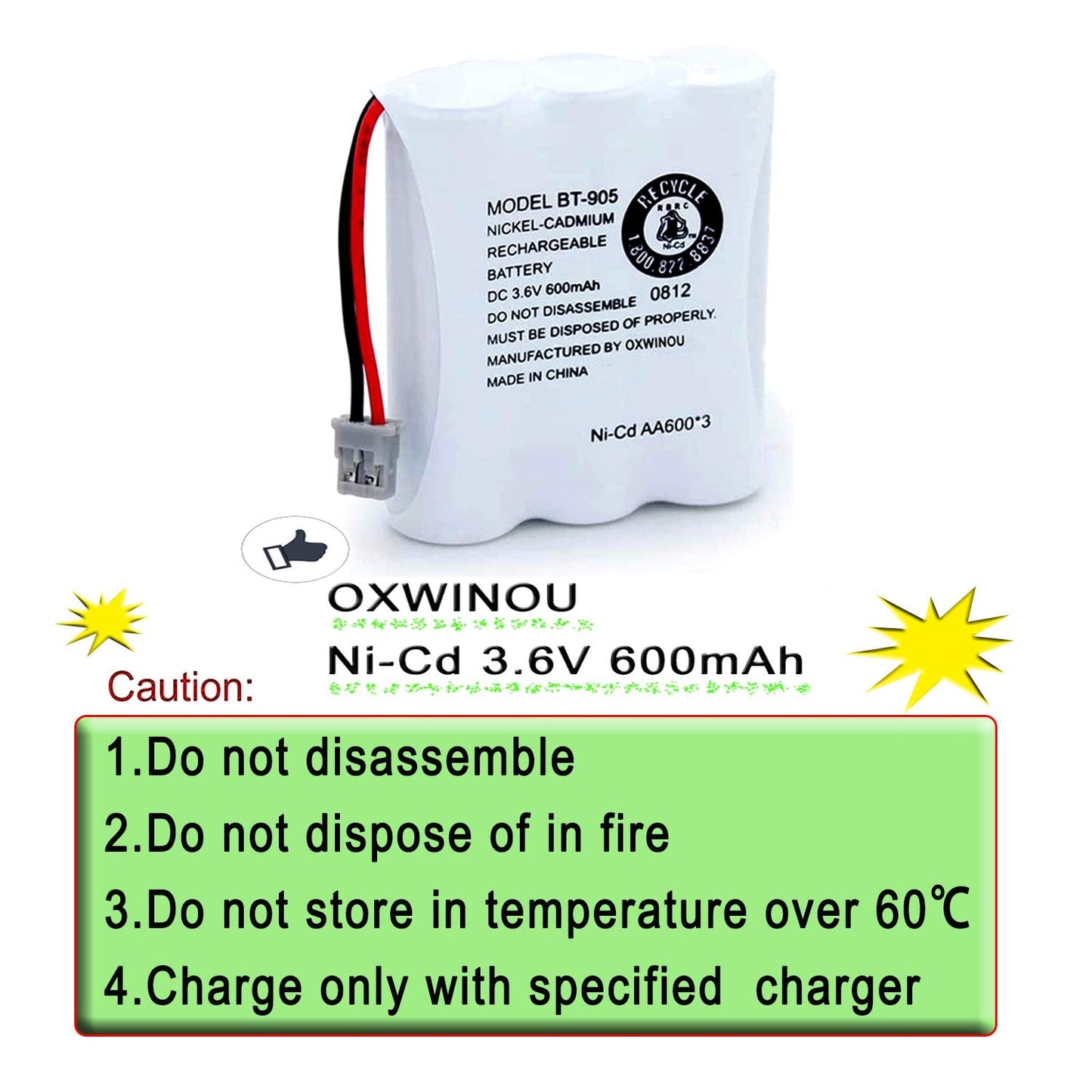 OXWINOU BT-905 BT905 Rechargeable Cordless Handset Phone Battery Compatible with for BBTY0663001 BBTY-0444001 BP-800 BP-905 BT-1006 3.6v 600mAh Ni-CD (2-Pack BT905)
