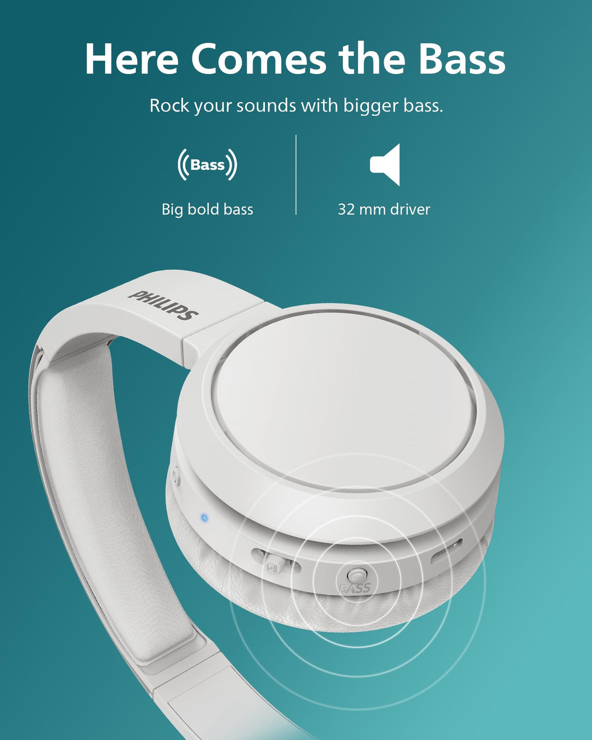 Philips H4205 On-Ear Wireless Headphones with 32mm Drivers & BASS Boost on-Demand, White