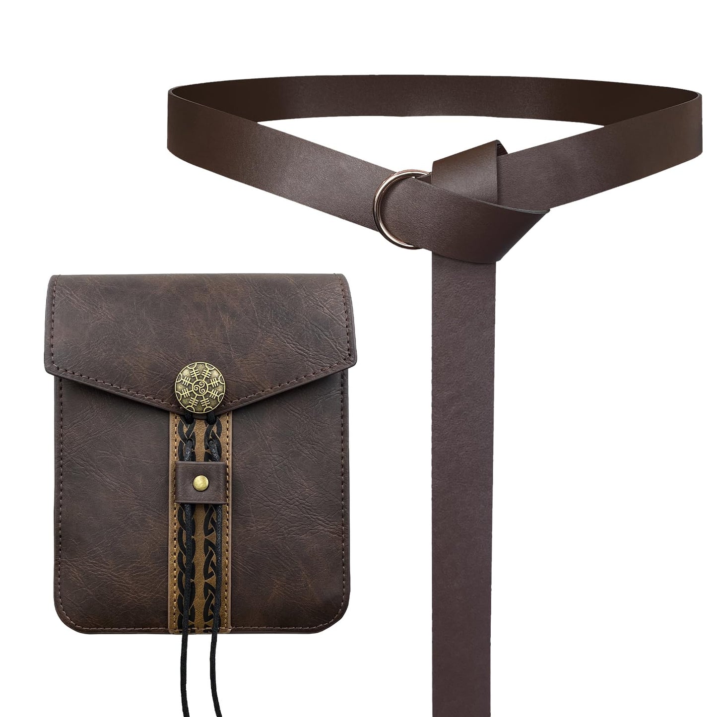 EpicCos 2 PCs Medieval Vintage belt Bag Set, Middle Ages Faux Leather Belt with Belt Pouch, Renaissance Costume Accessories (Brown A)
