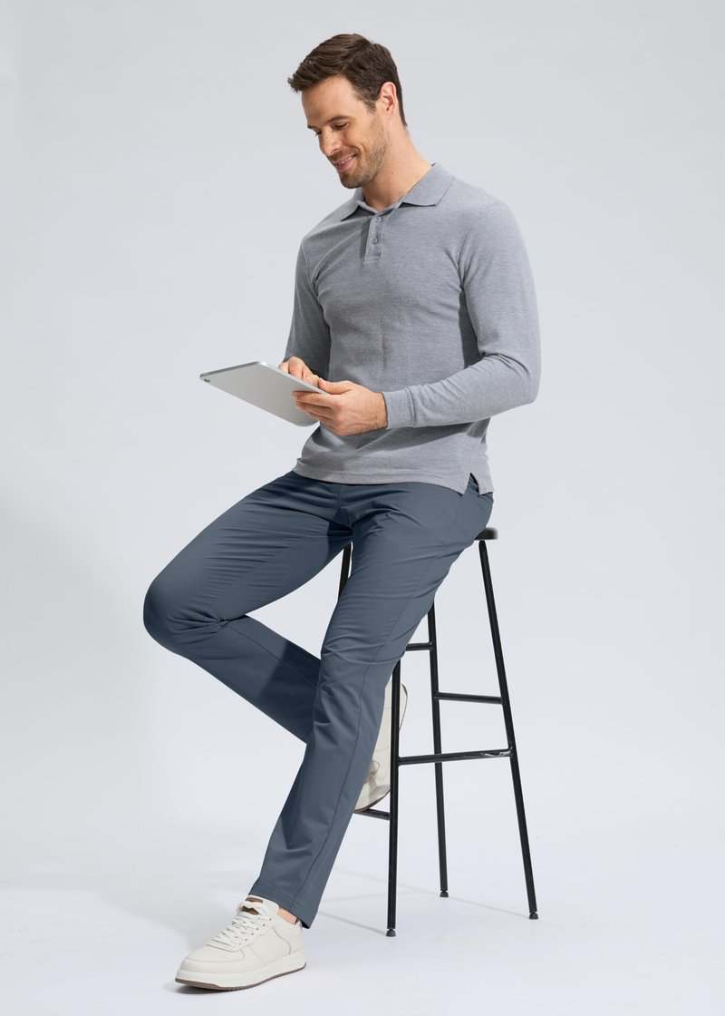 Pudolla Men's Golf Pants Work Dress Comfy Pants Casual Slacks Trousers with Pockets(Grey_Blue 42Wx30L)
