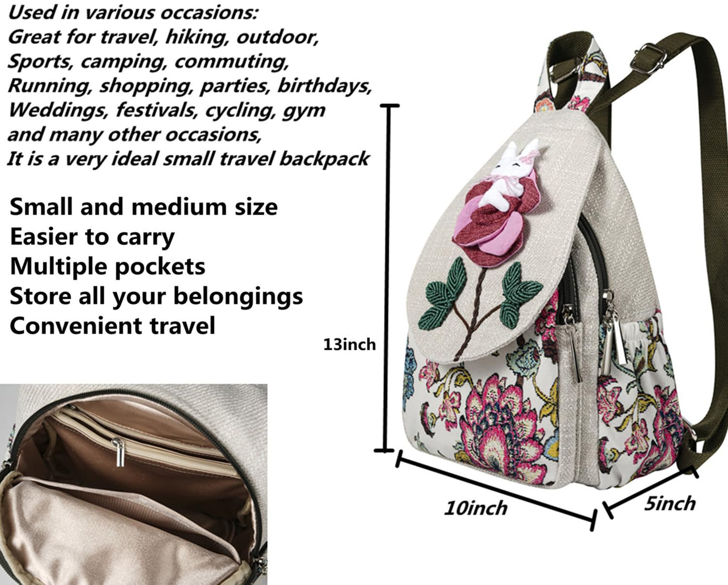 Qalmea Small Backpack for Women,Hippie Backpack Handmade Canvas Bags Casual Mini Handbag(Rabbit Pattern)