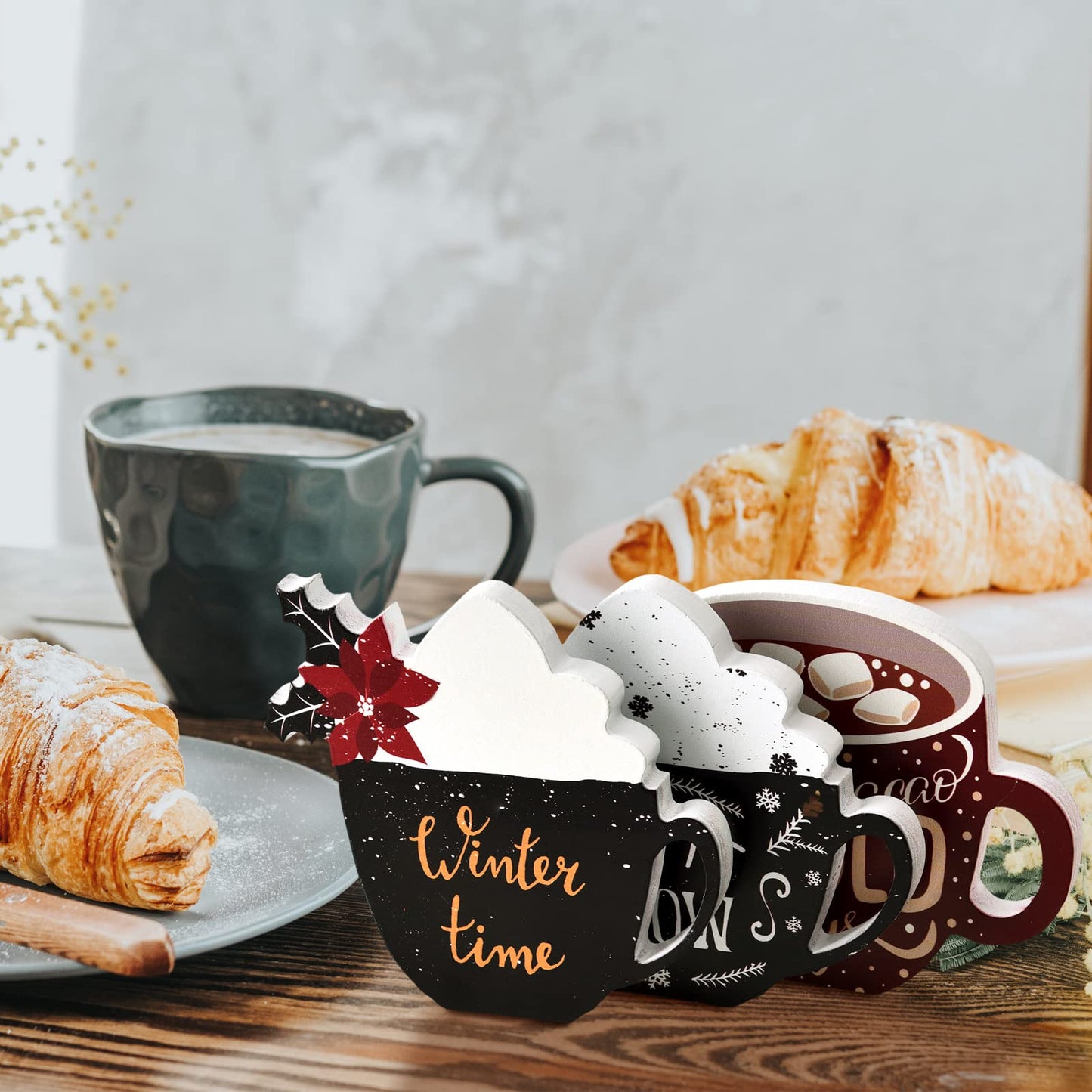 3 Pcs Christmas Hot Cocoa Tabletop Decor Christmas Wooden Signs Hot Cocoa Decor Warm Winter Tabletop Wooden Block Sign for Table Centerpieces Tiered Tray Decoration
