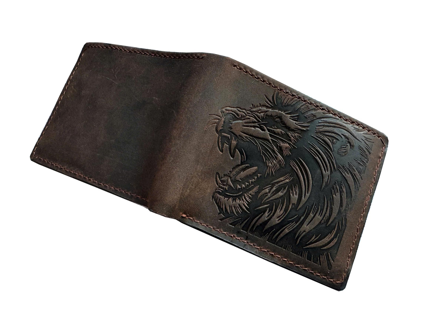 Mayan Corner - Genuine leather handcrafted wallet, bifold wallet with ID card slot, cool wallet for dad - Lion head