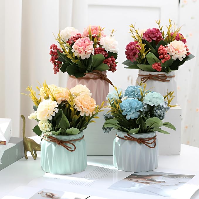 2 PCS Mini Hygrangea Artificial Flowers in Vase, Small Centerpiece Table Decorations - Fake Plant in Vase, Faux Hydrangea Flower Decor for Home, Wedding, Office and Party