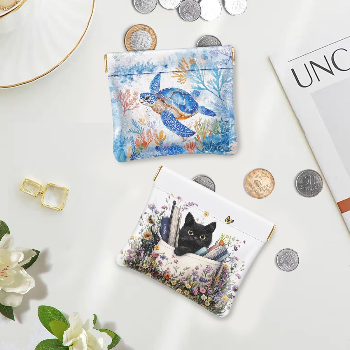 Turtle Coin Pouch Wallet Squeeze Change Purse Small Daisy Flower Leather Mini Coin Purse for Women Coin Pocket