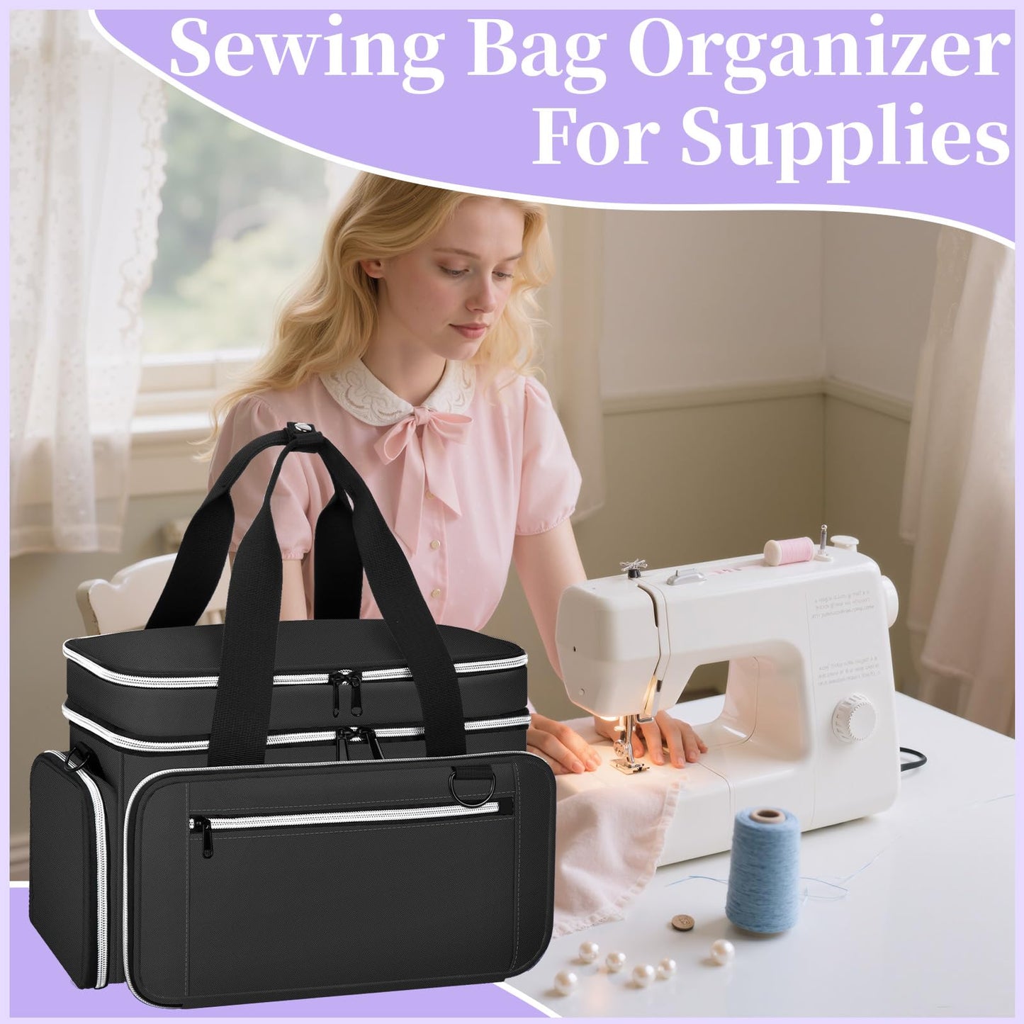 Anitor Large Sewing Supplies Organizer, Double Layer Sewing Storage Organizer with Two Detachable Dividers, Travel Sewing Bag Organizer with Shoulder Strap for Accessories, Black, (Bag Only)
