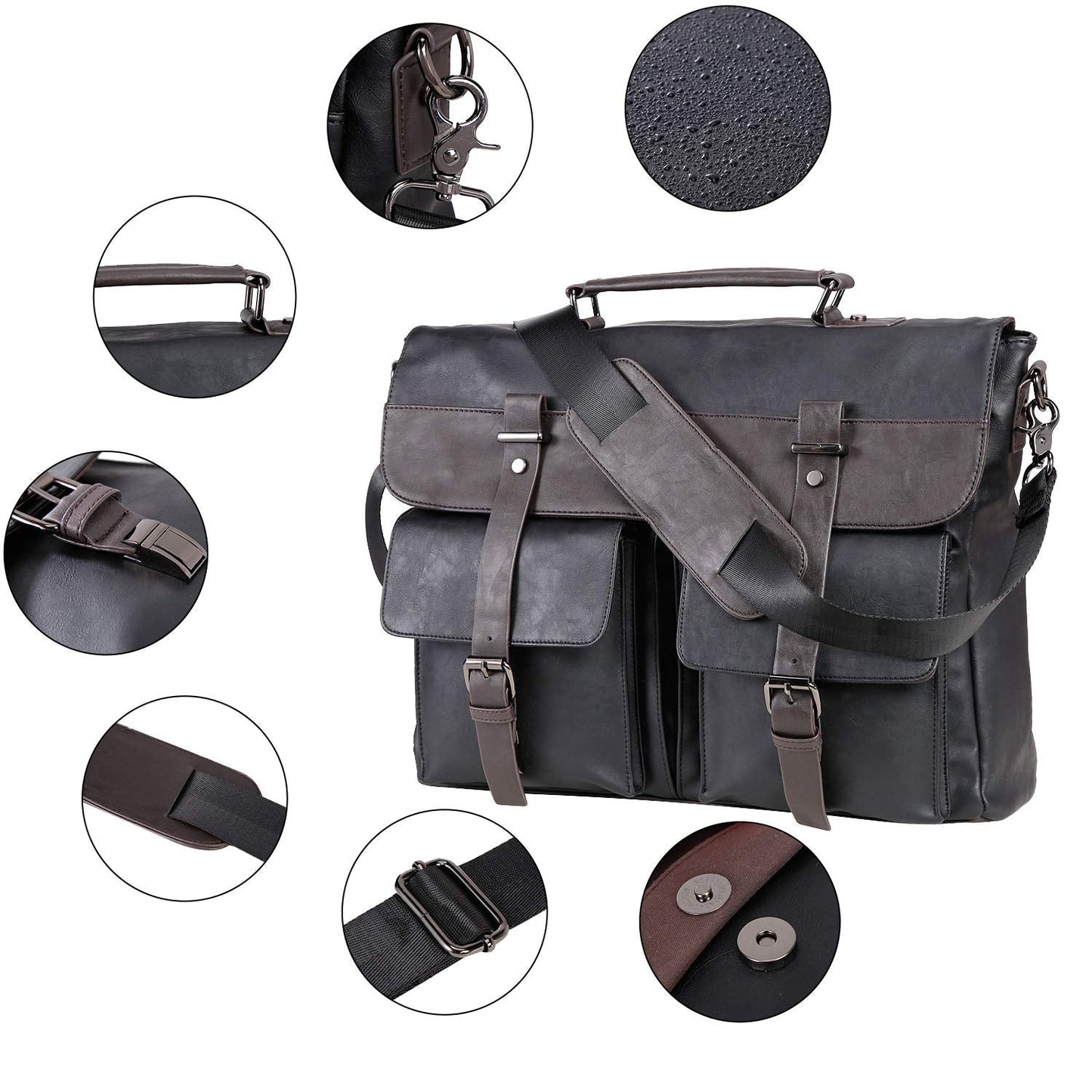 seyfocnia Men's Vintage Black 17.3 Inch Water Resistant PU Leather Laptop Bag, Messenger Bag, Satchel, Briefcase