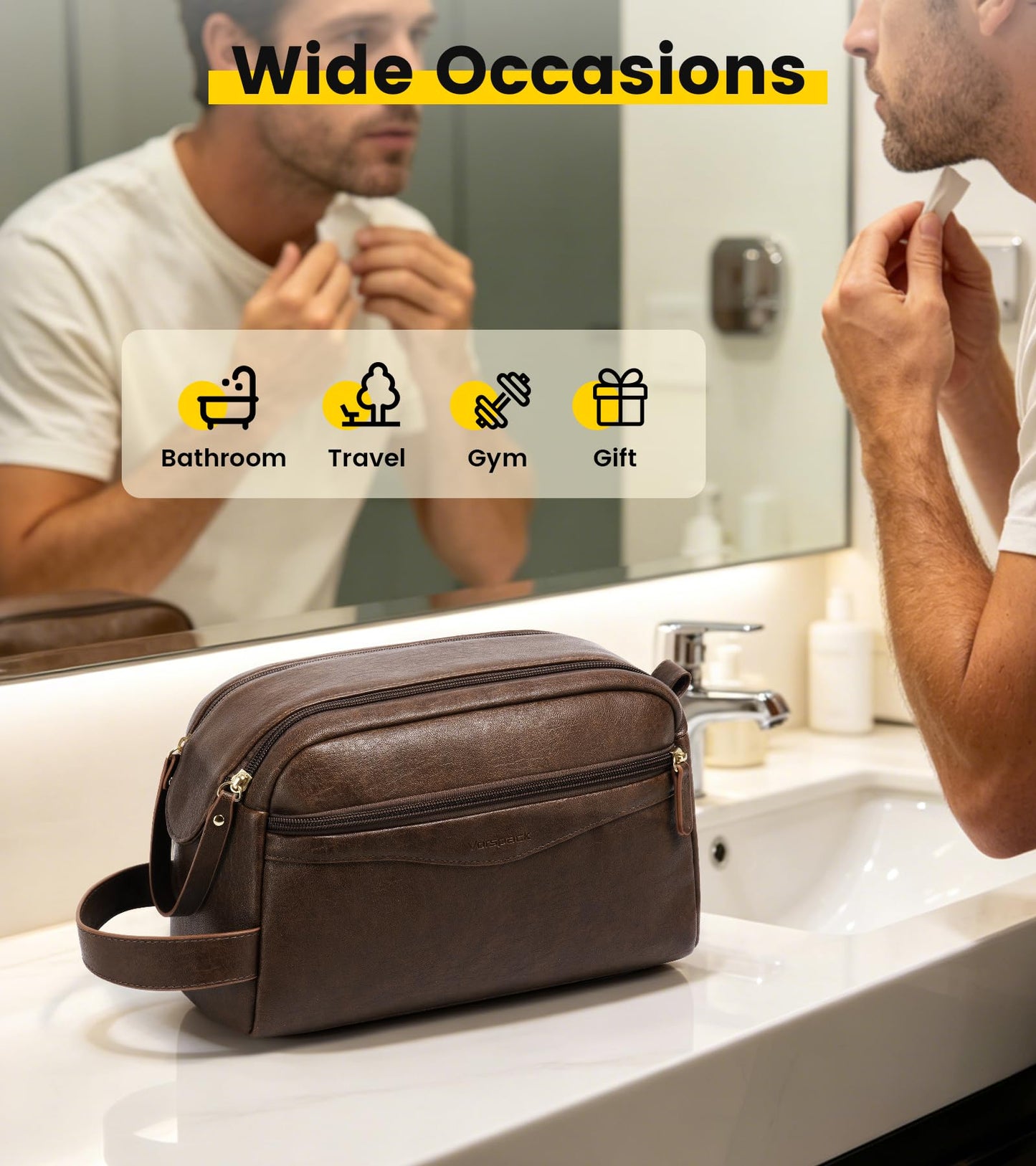 Vorspack PU Leather Toiletry Bag for Men, Water-Resistant Travel Bag for Toiletries, Wide Opening Bathroom Organizer for Shaving, Grooming, Skincare - Dark Brown