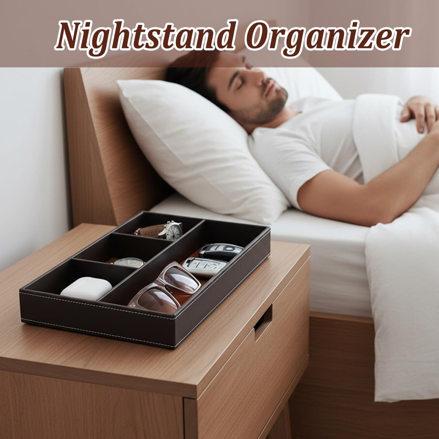 Kegeeei 2 Pack Leather Valet Tray for Men - Premium PU Leather Desk & Nightstand Organizer, Stackable Storage Tray for Keys, Wallet, Watch, Phone, Jewelry in Black & Brown
