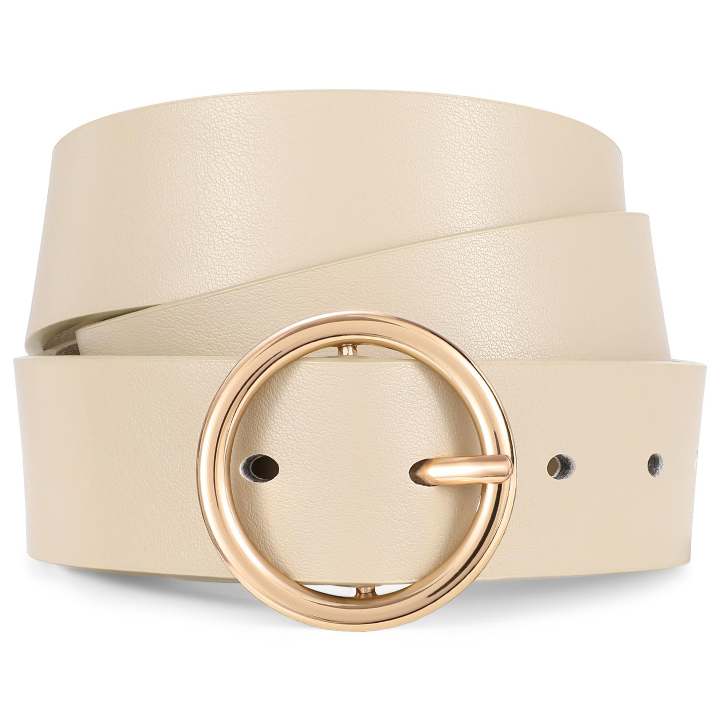 XZQTIVE Women Leather Belt with Circle Gold Buckle Fashion Ladies Waist Belt for Jeans Pants Dresses,Beige
