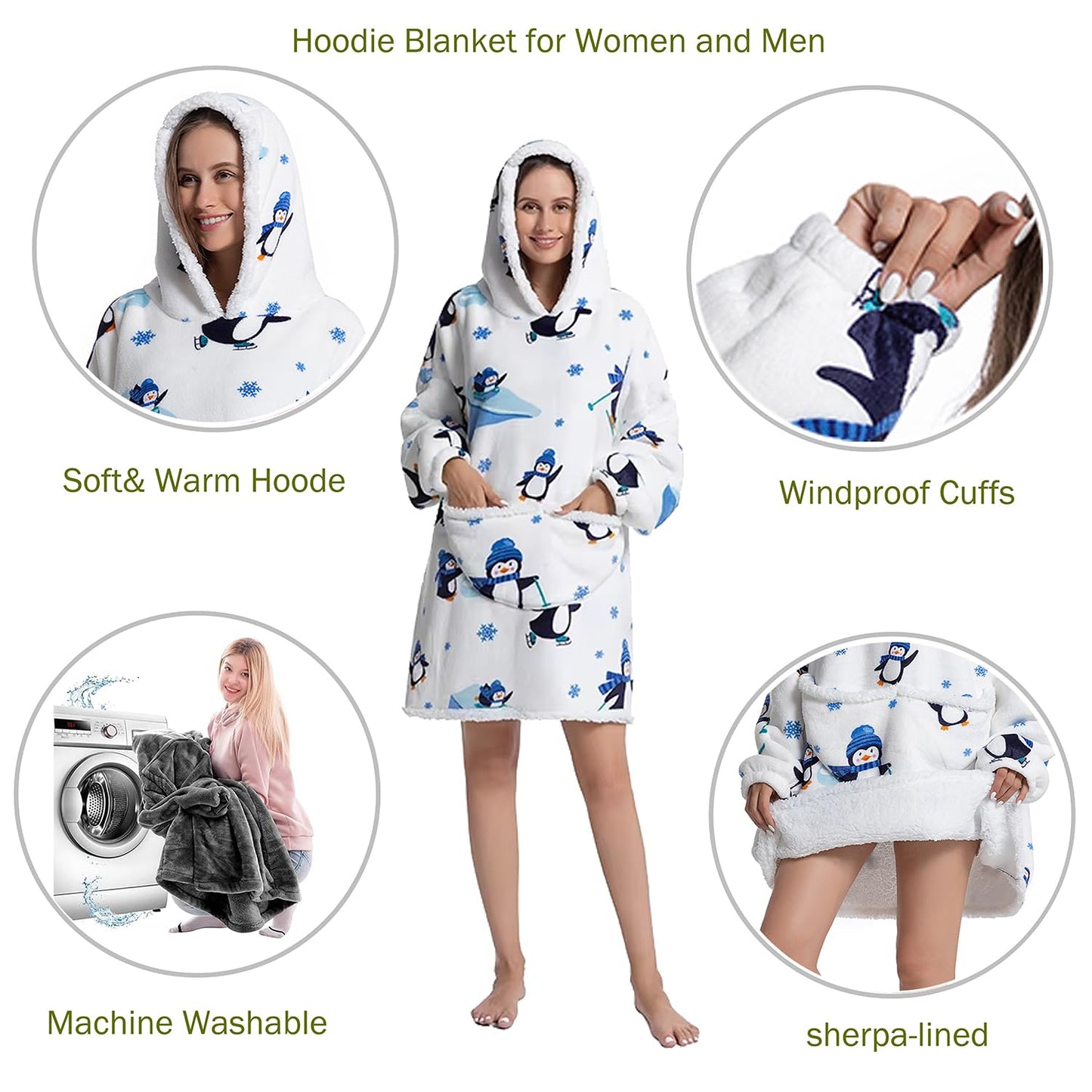 Oversized White Penguin Comfy Wearable Blanket, Big Sherpa Fleece Animal TV Hoodie Sweatshirt, Christmas Gifts for Adults Women Girls Teens