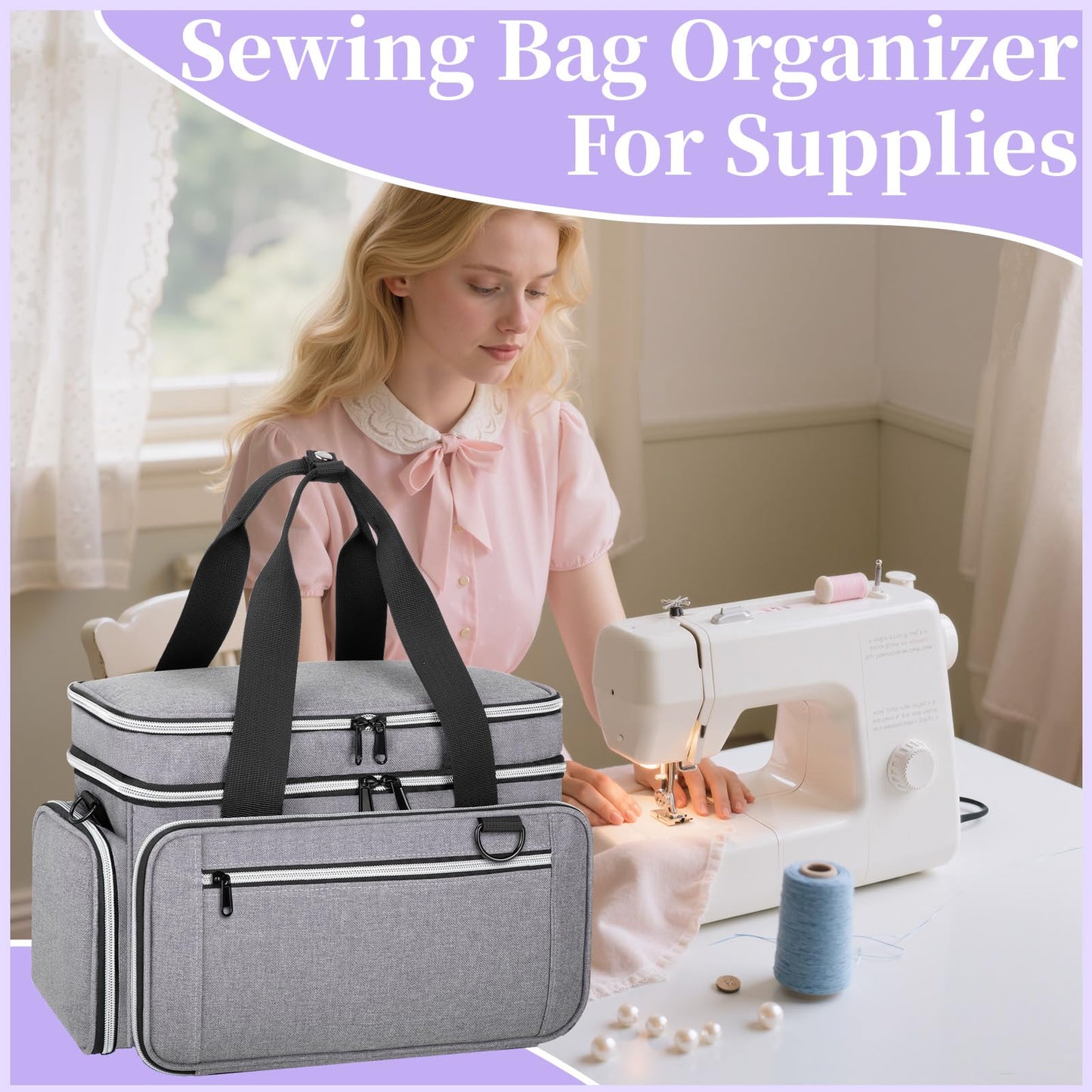 Anitor Large Sewing Supplies Organizer, Double Layer Sewing Storage Organizer with Two Detachable Dividers, Travel Sewing Bag Organizer with Shoulder Strap for Accessories, Gray, (Bag Only)