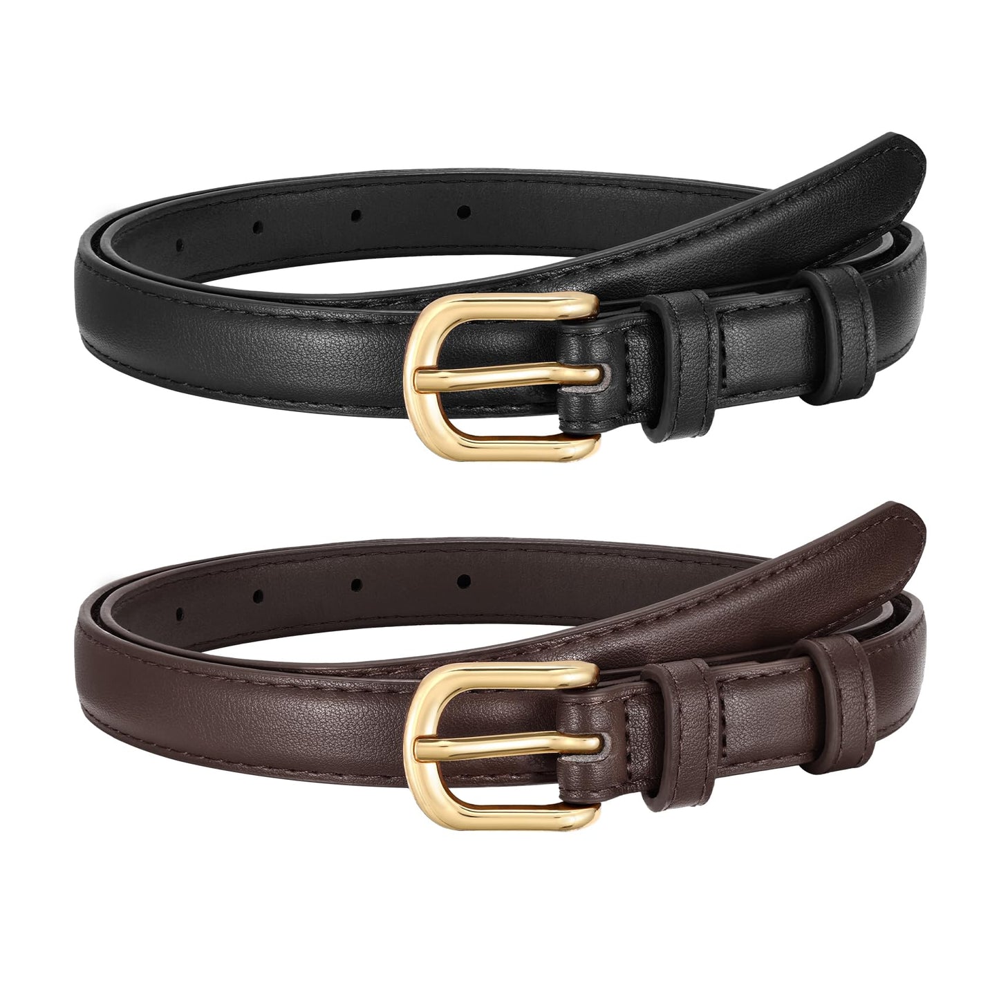 JASGOOD 2 Pack Women Skinny Belt with Gold Buckle Fashion Faux Leather Thin Belt for Jeans Pants,Black+Dark Brown