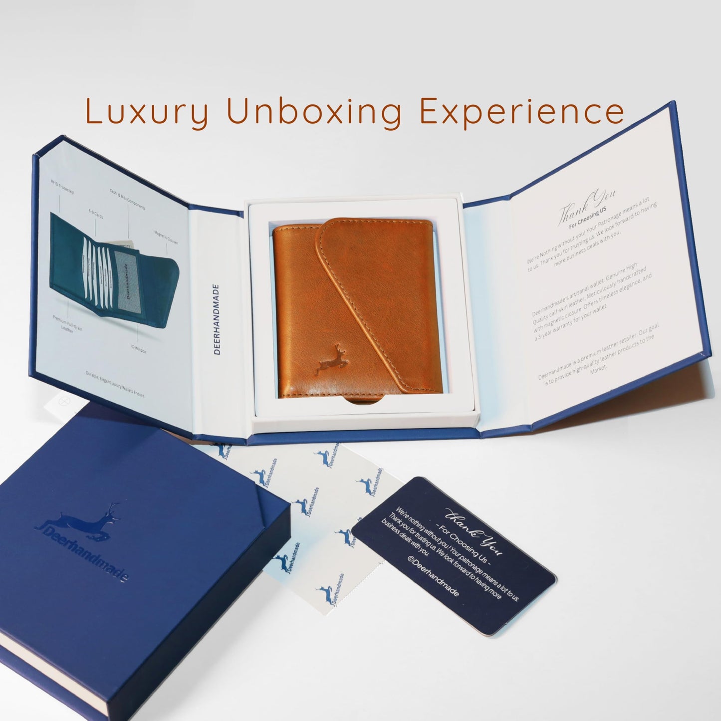 DEERHANDMADE Slim Wallets for men | handmade Modern Minimalist front Pocket wallets | 6-12 Cards Geniune leather rfid wallet for men | Gift wallets with magnatic closure (Premium, Light Brown)