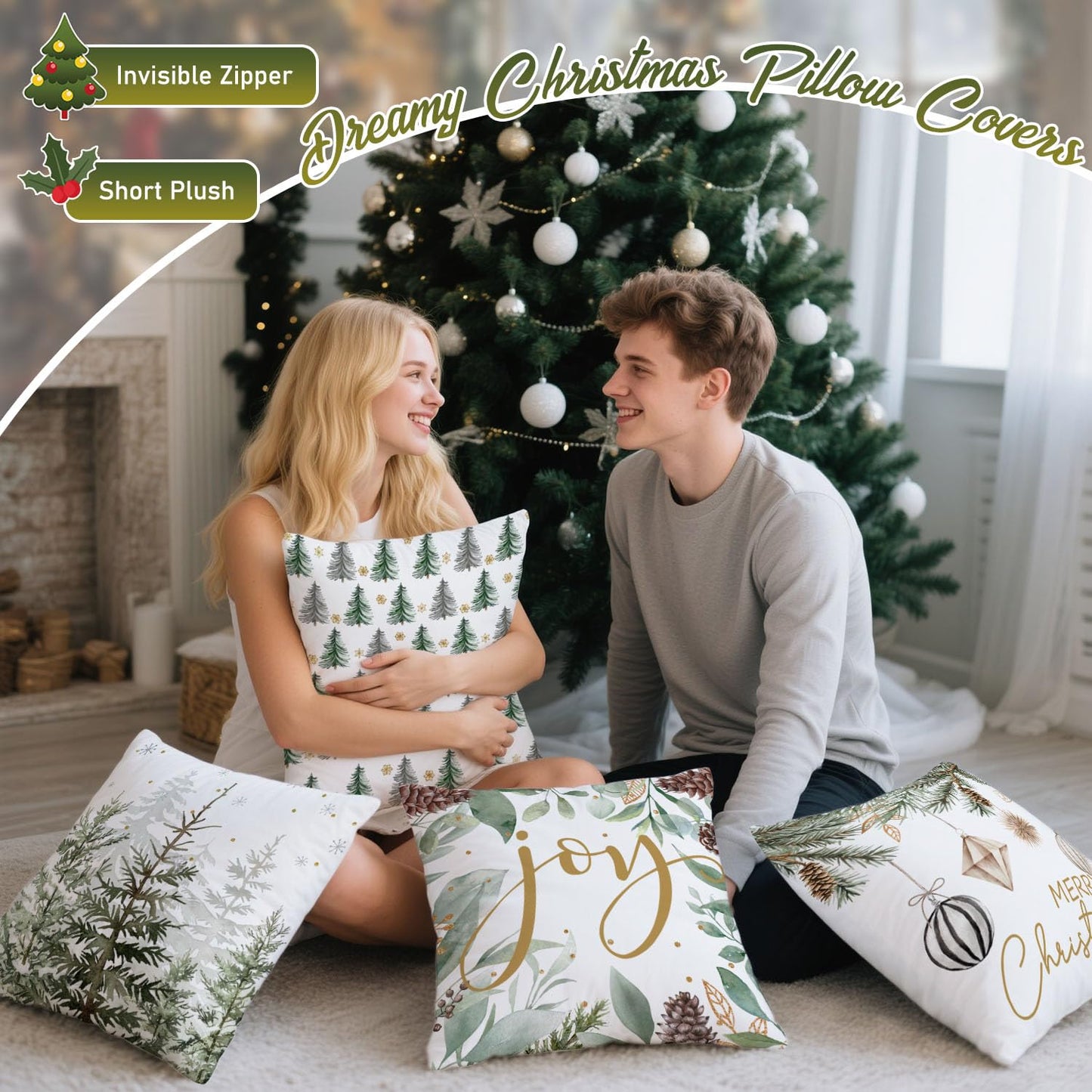 Artmag Merry Christmas Tree Pillow Covers Decorations, 22x22 Inch Set of 4 Xmas Balls Joy Cushion Case for Holiday Winter Coach Sofa Living Room Decor