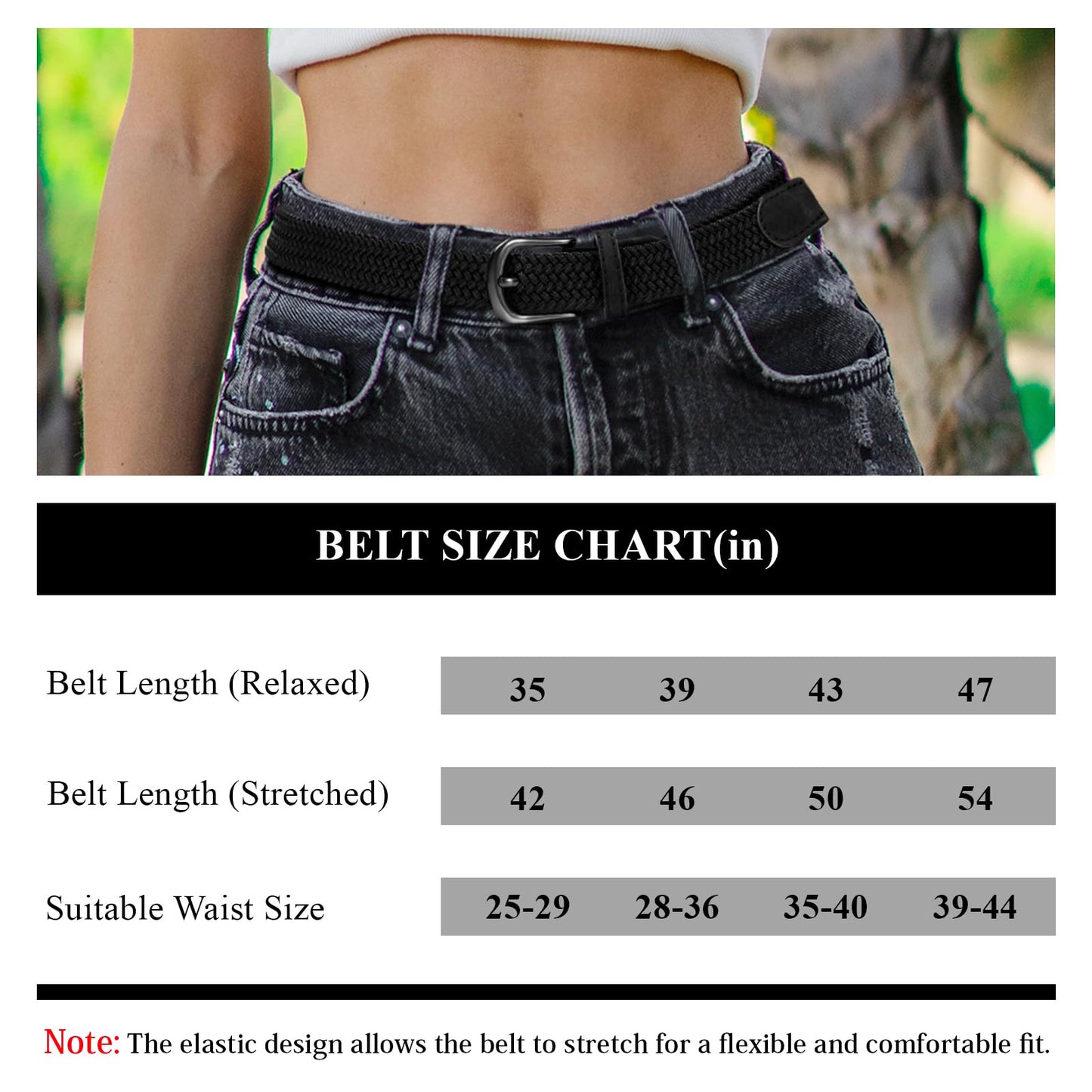 Alphyly Neries Thin Woven Braided Belt for Women, Elastic Golf Belt, Black and Blue, Fits Waist Size 28-36"