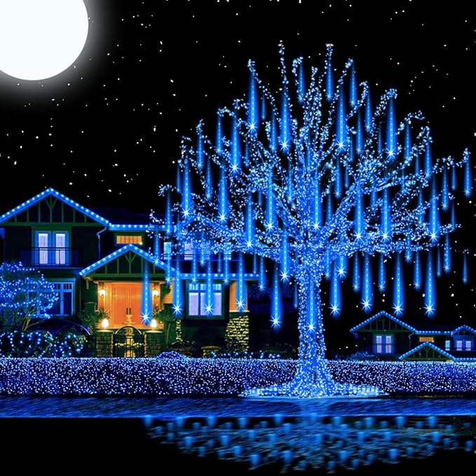 Aukora Christmas Lights Outdoor,LED Meteor Shower Lights 11.8 inch 8 Tubes 192leds Rain Drop Light, Icicle Snow Falling Light for Christmas Tree Halloween Party Holiday Thanksgiving Decoration(Blue)