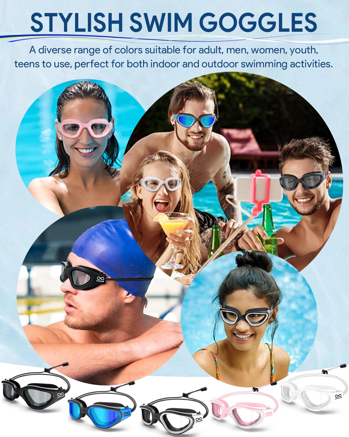 Otionus Swim Goggles Adult, Polarized Adult Swimming Goggles Bungee Strap No Hair Pulling Anti-fog Pool Goggles for Men Women