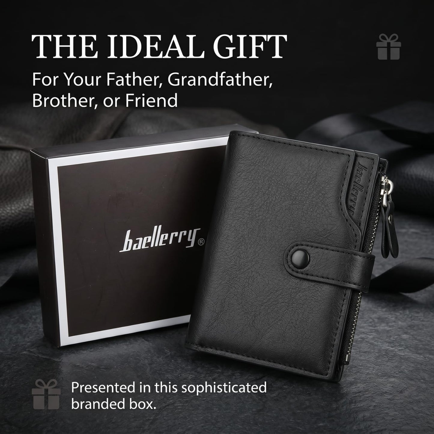 HAISHIDS Men's Trifold Nappa Leather Wallet, 15 Card Slots, RFID Protection, Portrait Format, Black