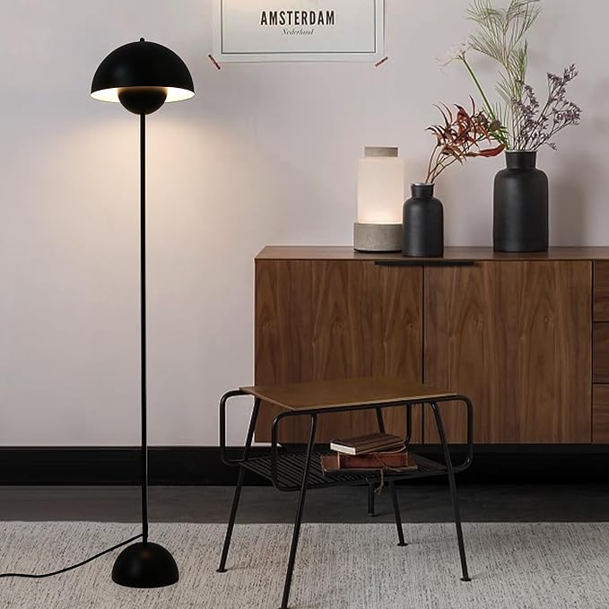 SUNLLOK Black LED Floor Lamp for Living Room, Industrial Metal Dome Lampshade Standing Floor Table Lamp with Foot Switch, Modern Reading Floor Light Fixture for Kitchen Island, Bedroom, Restaurant