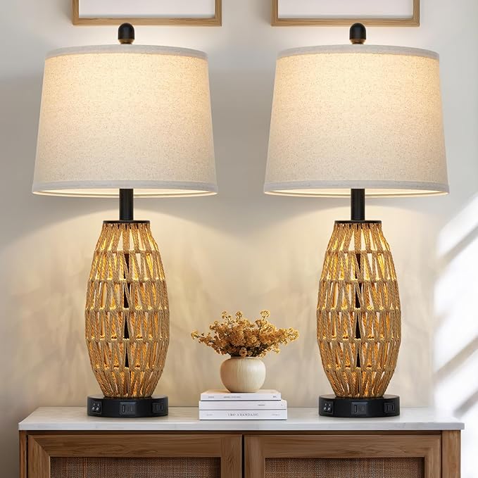 27" Rattan Table Lamps Set of 2, Boho Bedside Lamp for Bedroom with Night Light, Coastal Woven Wicker Nightstand Lamps with USB A+C Charging Port & AC Outlet, Tall Farmhouse Living Room Lamp
