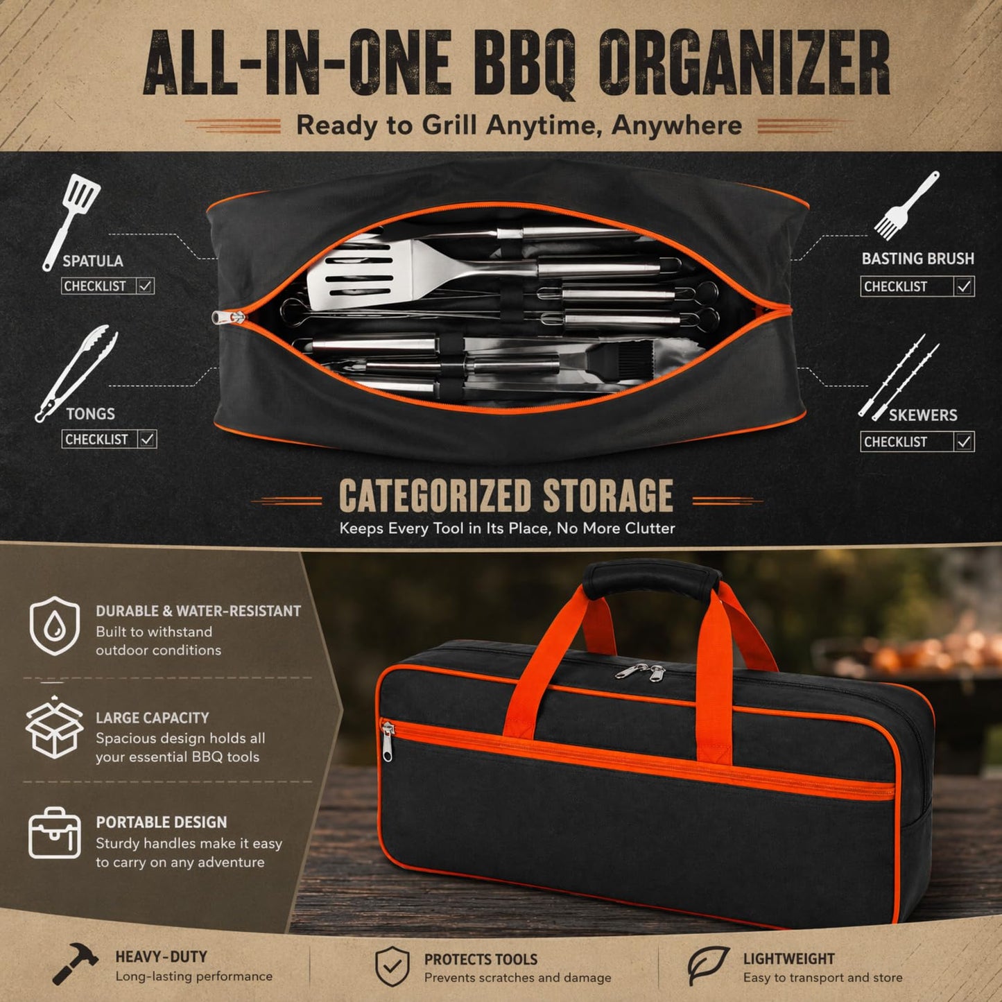 Grill Tool Storage Bag, Large Capacity Grill Accessory Storage for Outdoor Barbecue, Oxford Cloth Grilling Utensil Storager for Camping BBQ Enthusiasts (Only Bag Without Tools)