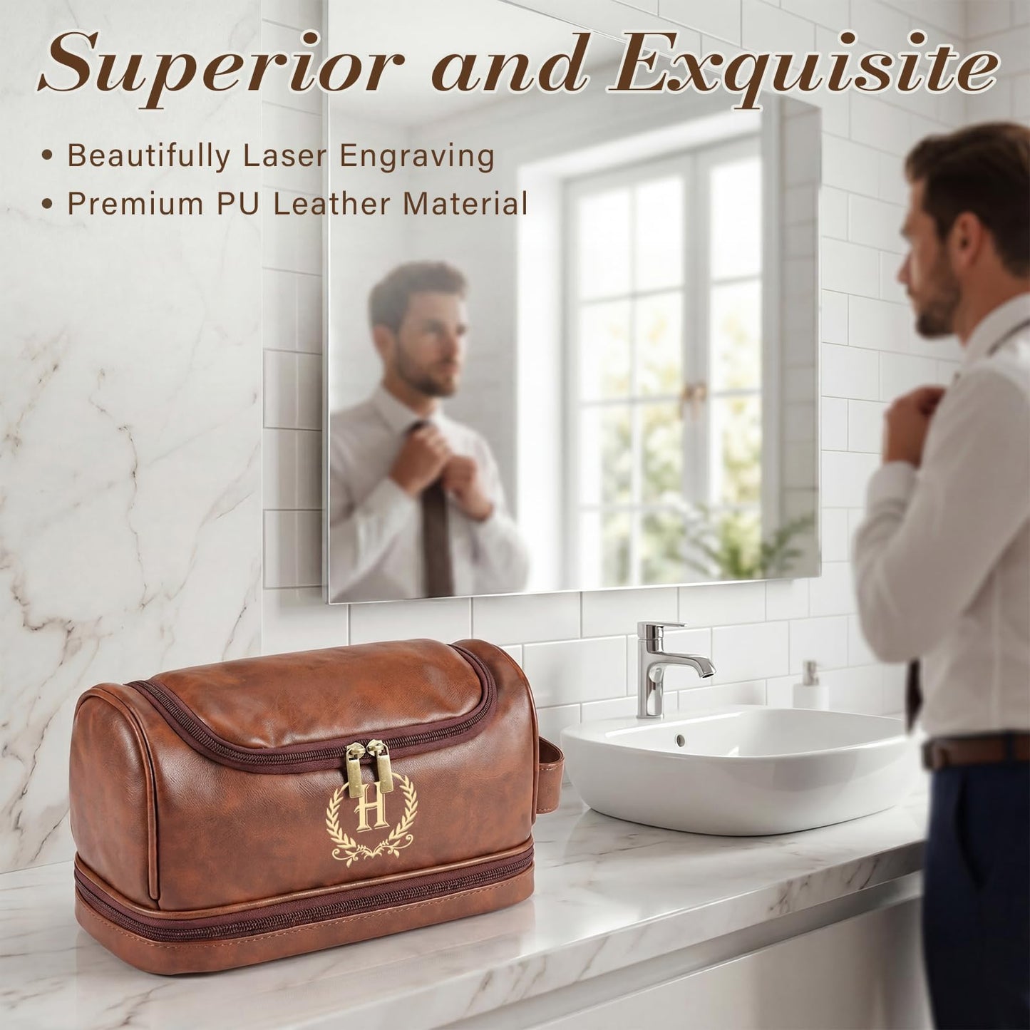 Groomsmen Gifts for Men Travel Toiletry Bag, Personalized Leather Toiletry Bag with Handle & Hook, Water Resistant Shaving Kit Bag for Wedding Party Bachelor Party Favors Bestman Gifts(K)