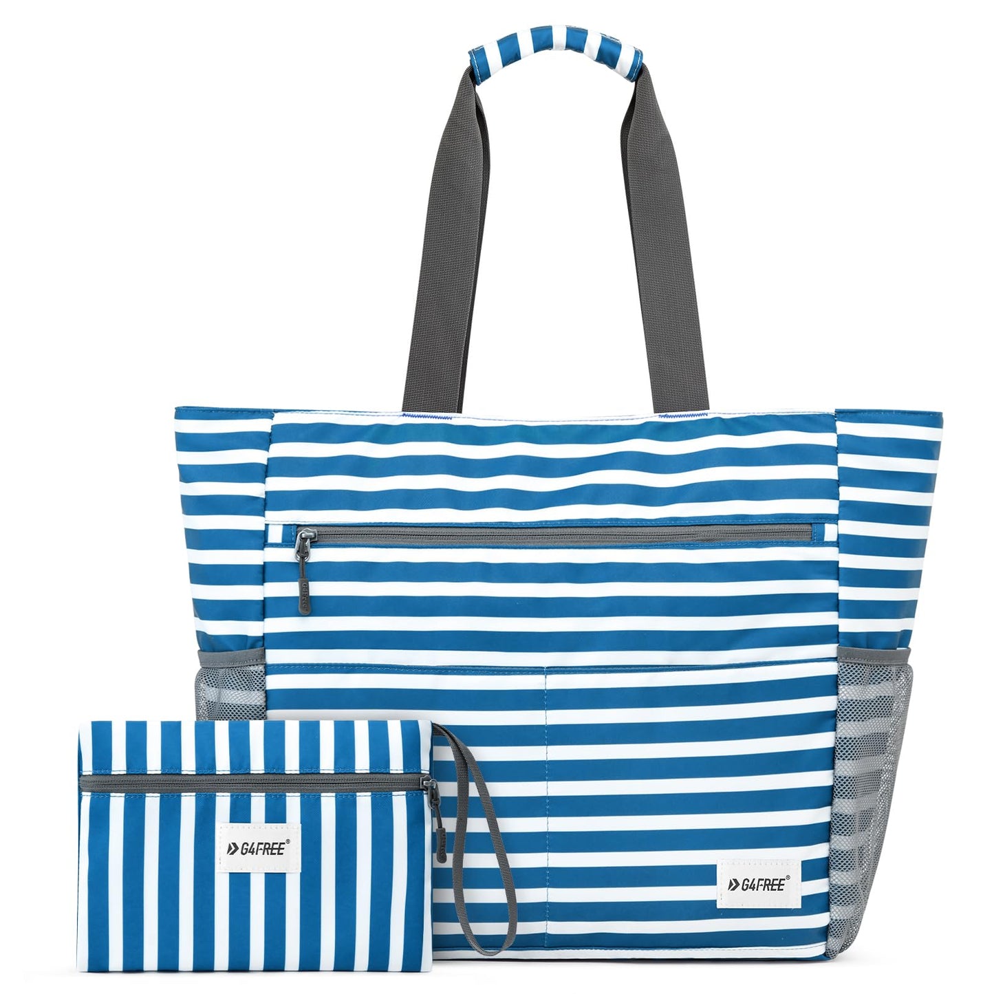 G4Free Beach Bag, Waterproof Sandproof Beach Tote Bag, Large Capacity Foldable for Women, Navy Stripe