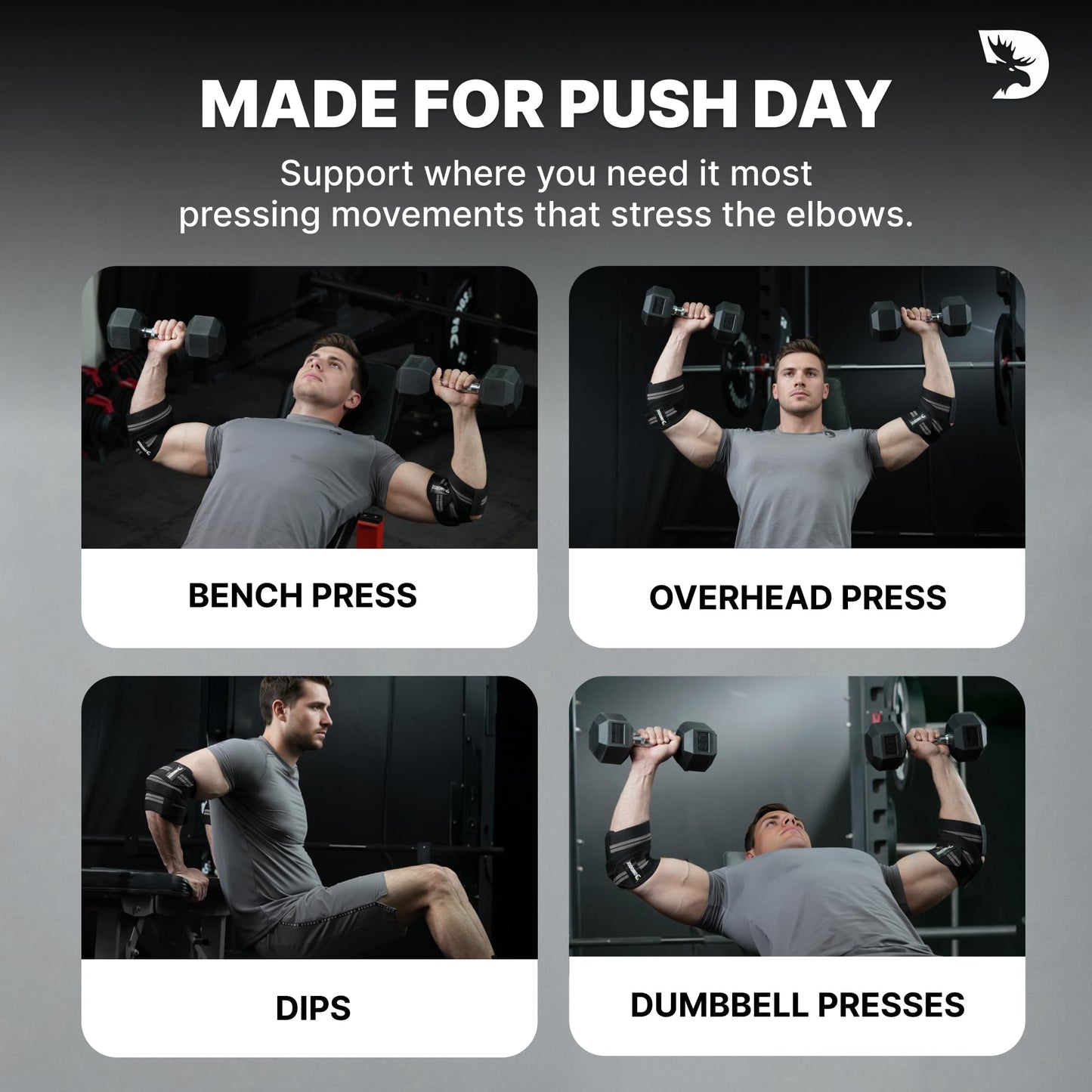 DMoose Fitness Elbow Wraps for Weightlifting (Pair) - 40'' Adjustable Elbow Strap for Gym Workout & Bench Press, Compression Elbow Wraps for Tendonitis & Joint Support, Elbow Sleeve (White Stripes)