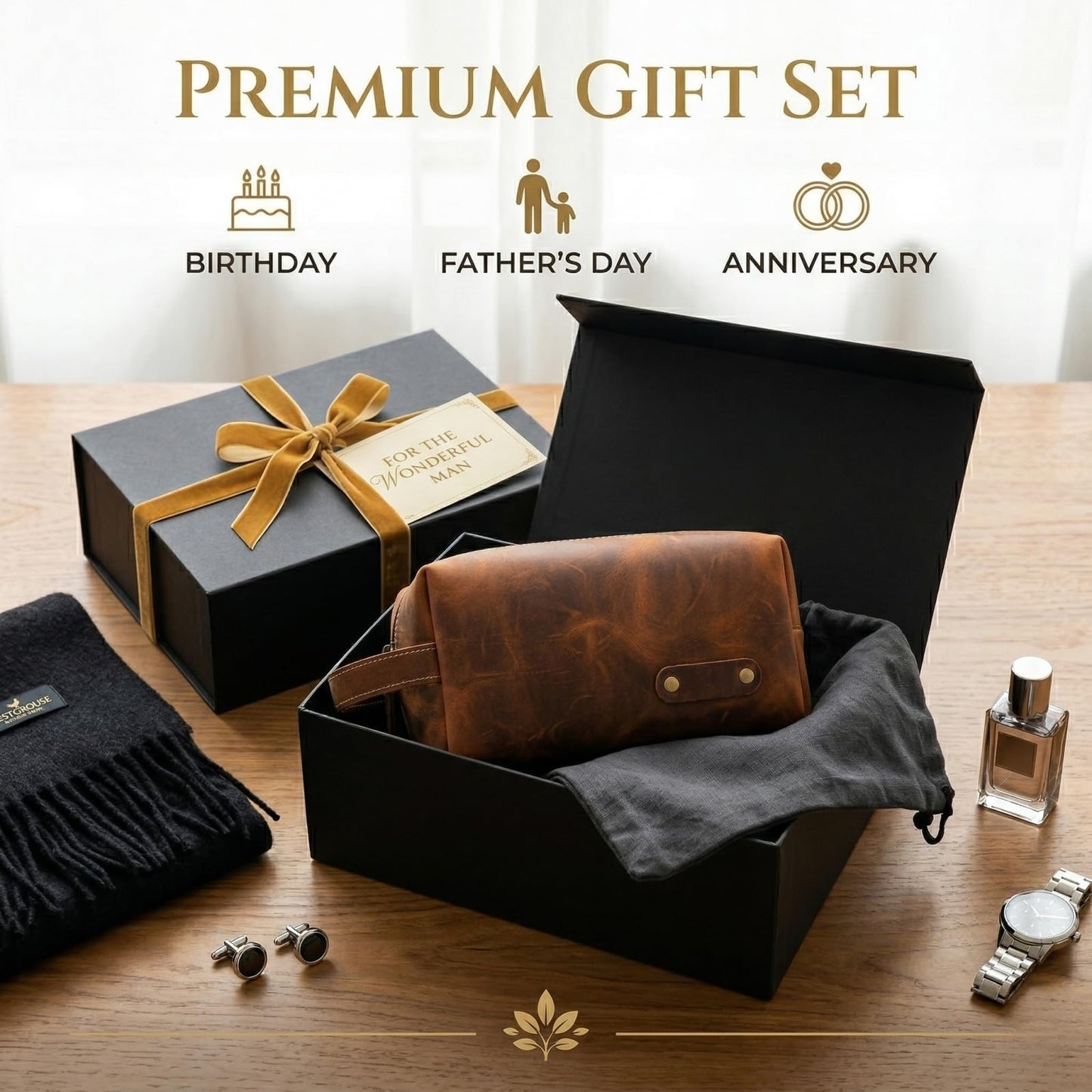 Alomce Travel Toiletry Bag for Men, Premium Genuine Leather Dopp Kit, Vintage Water-Resistant Shaving Organizer Case, Spacious Single Compartment Grooming Pouch