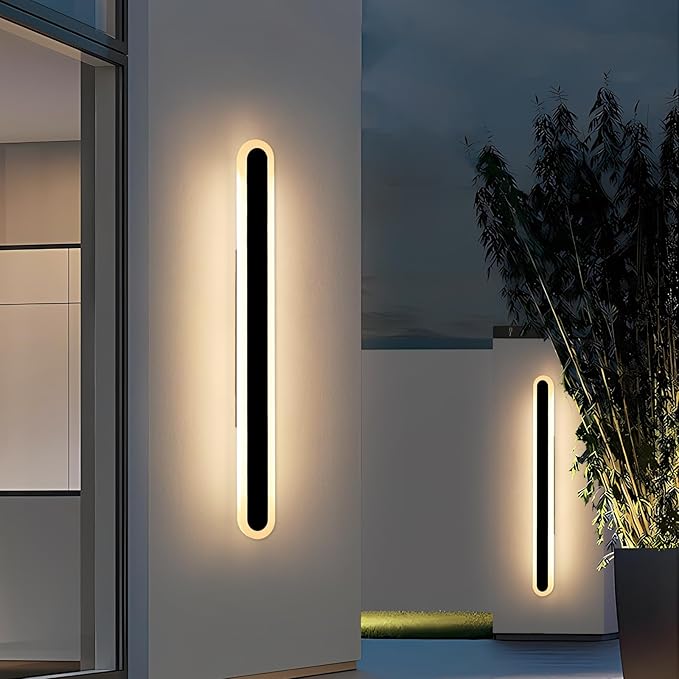 2 Pack 47.2inch Modern Outdoor Wall Sconce, Dimmable Oval Exterior LED Light Fixture 3000K-6000K, IP65 Waterproof, Black Strip Wall Mount Lighting for Balcony, Garden, Patio with Remote Control