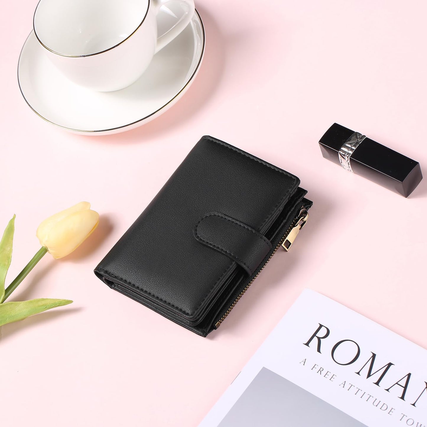 GAEKEAO Small Wallet Women Vegan Leather RFID Blocking Bifold Ladies Compact Card Holder with Zipper Pocket & ID Window