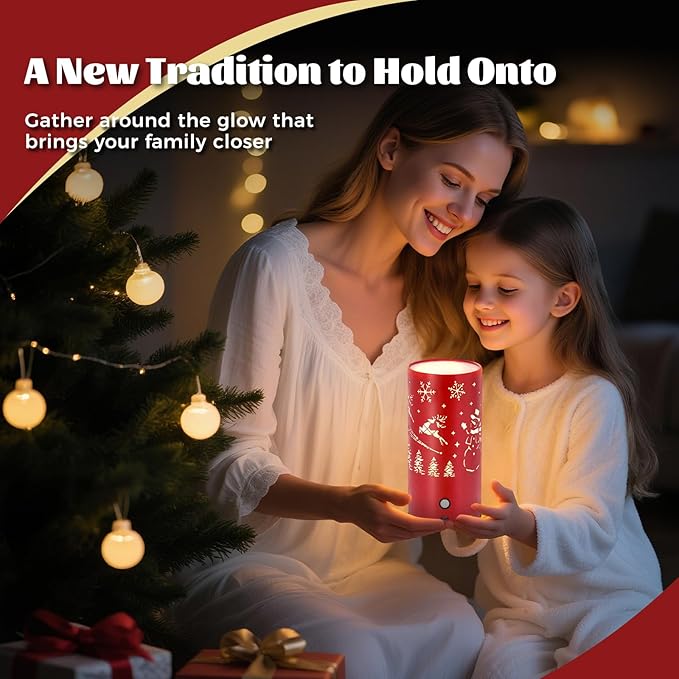 Christmas Table Lamp with Hollow-Out Design - Rechargeable Touch Control Dual Color LED, Warm/Cool White Metal Decor for Home Desk Party, 1200mAh Battery(Red)