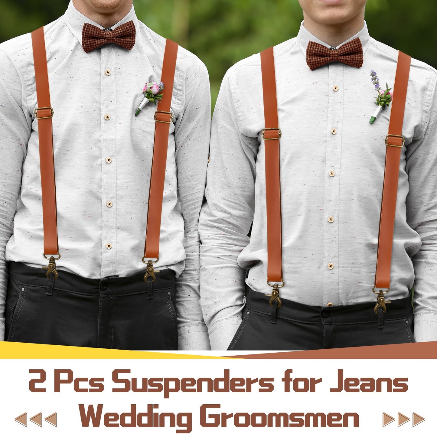 Silicherry 2 Pcs X-Suspenders for men Brown Leather Suspenders Adjustable Back Strap with Swivel Hooks for Jeans Wedding Groomsmen