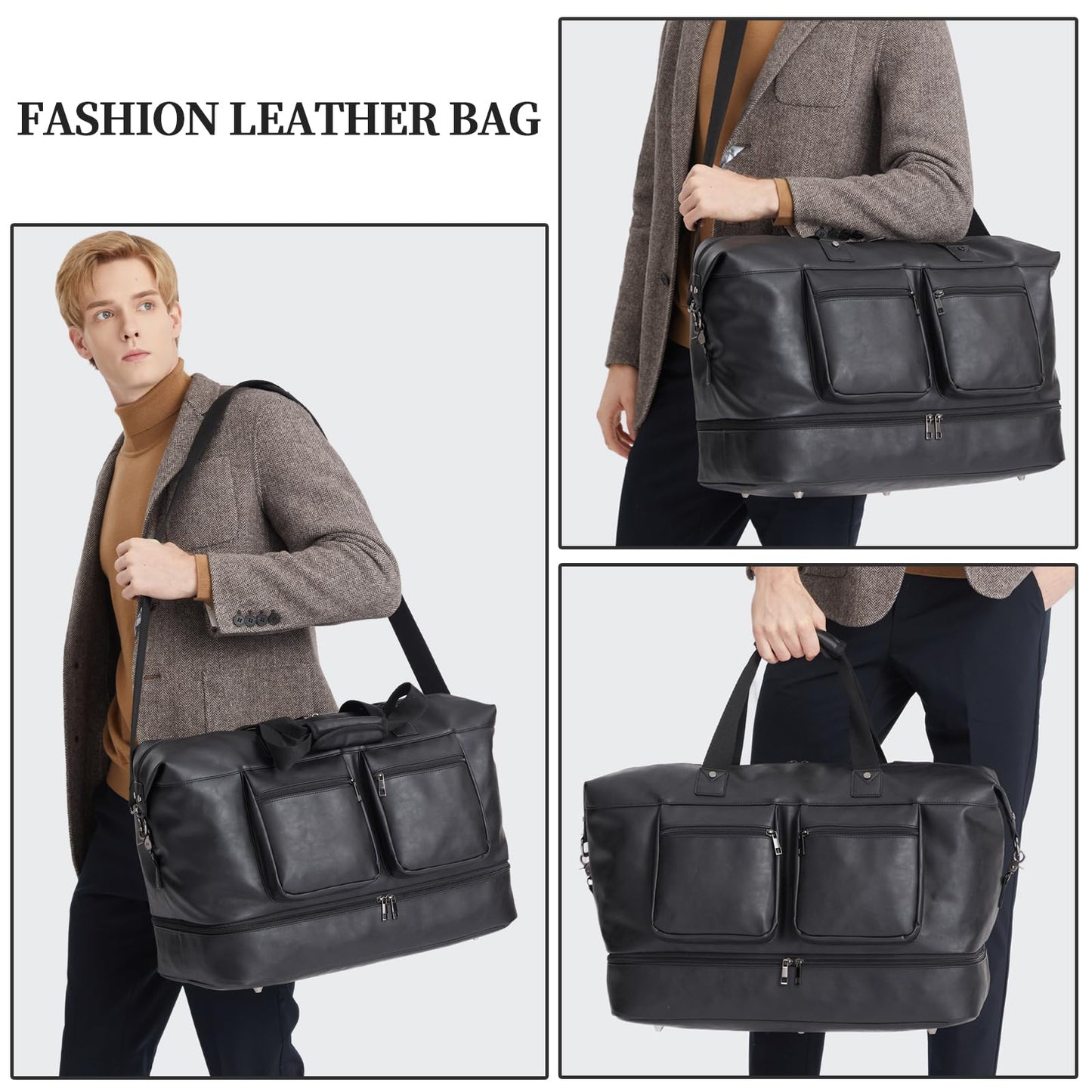 Pu Leather Travel Duffle Bag, Overnight Weekender with Shoe Compartment - Large Gym Bag for Men & Women - Black