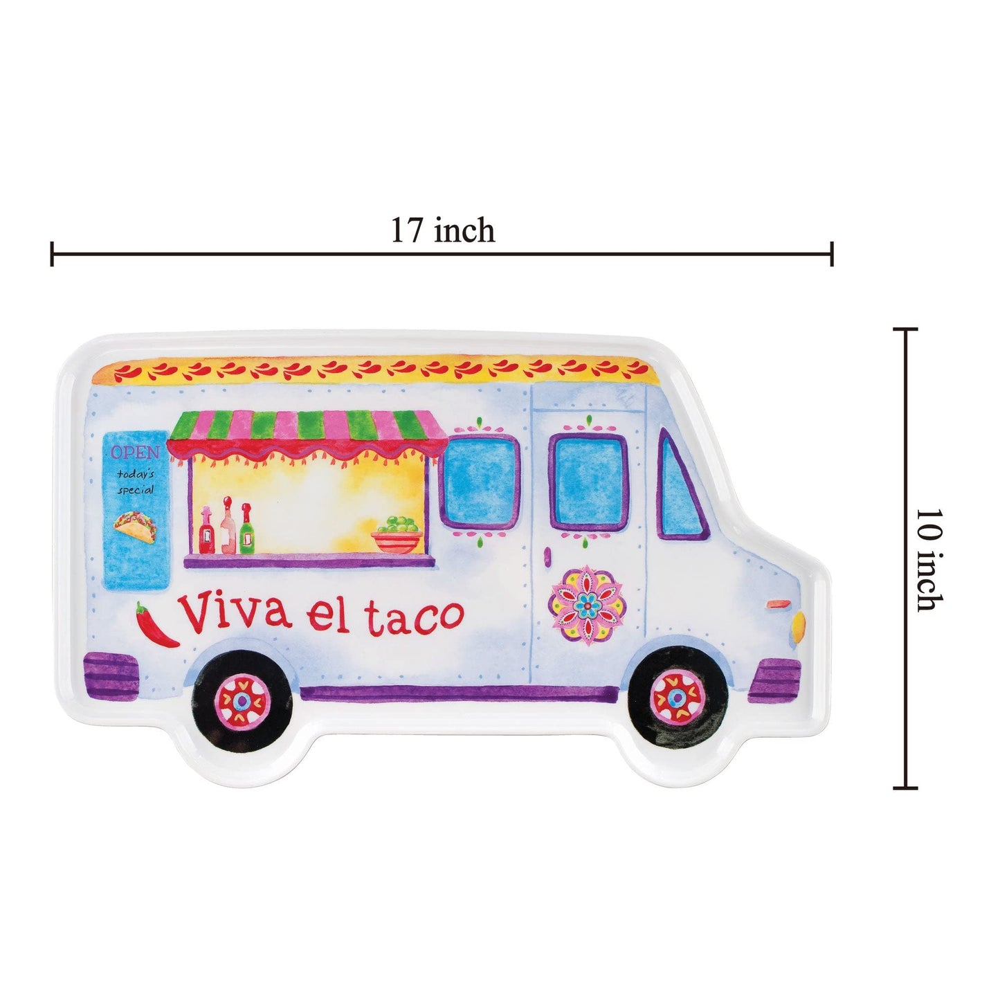 UP Taco Truck Shaped Melamine Serving Platter, Cinco de Mayo Party Tray, Fun Food Truck Design, for Tacos, Nachos, Appetizers, and Snacks, Multicolor, 17 x 10 Inch