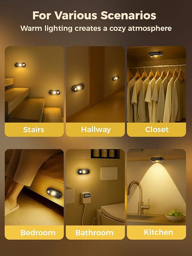 YGS-Tech LED Motion Sensor Light Indoor, Rechargeable Puck Lights, Magnetic Dimmable Under Cabinet Light, Wireless LED Lights for Closet, Kitchen, Stairs, Warm White, 6-Pack (Black)