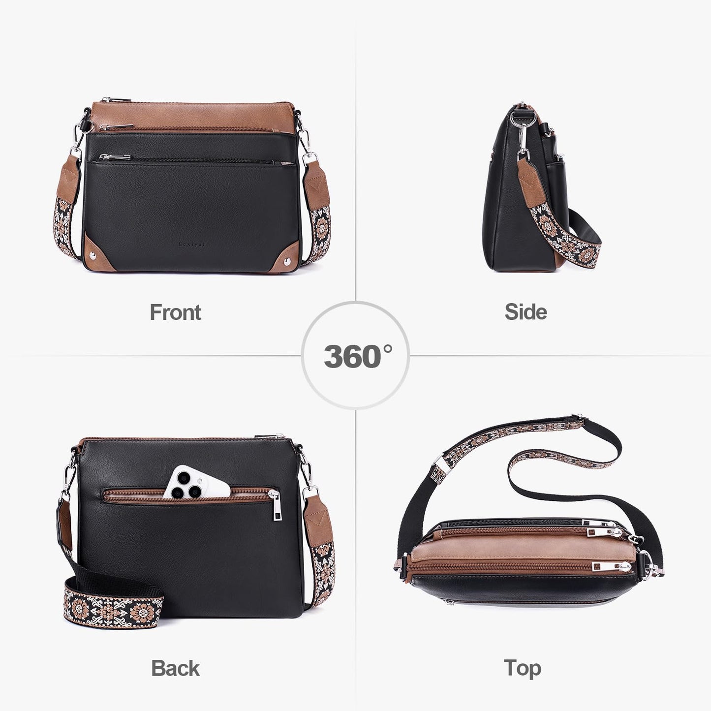 Lexiyat Crossbody Bags for Women Rfid Travel Crossbody Purses Leather Roomy Handbags Medium Shoulder bag with Adjustable Strap Blackwithbrown