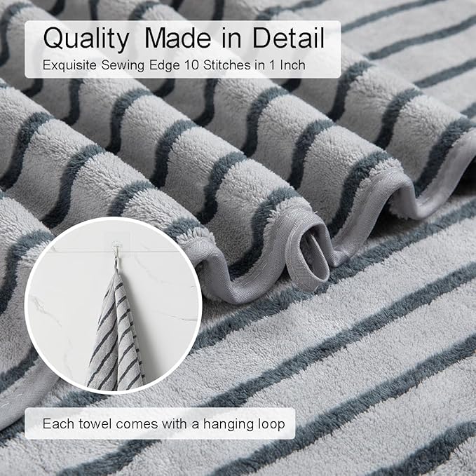 Oliven 4 Piece Grey Cabana Stripe Large Bath Towels Oversized Bath Sheet Super