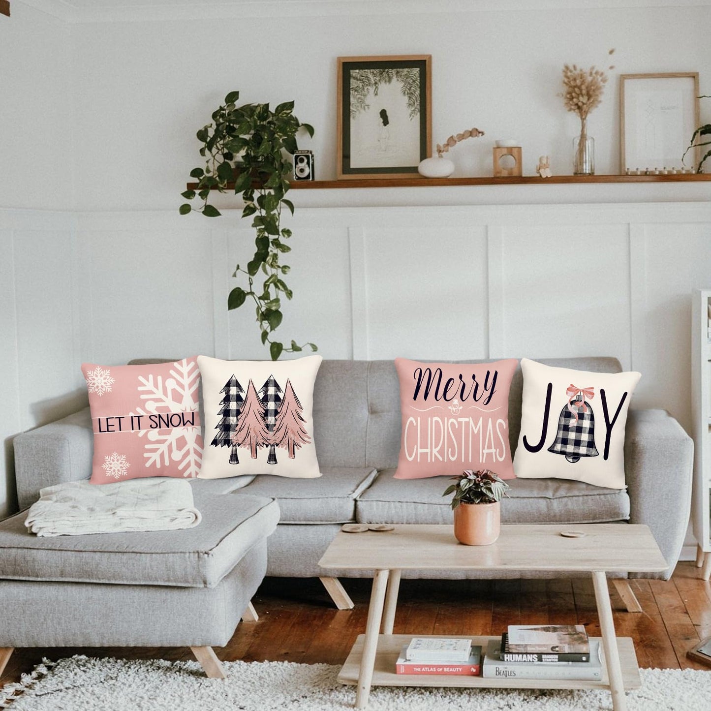 Geefuun Rose and Gold 18 x 18 Christmas Pillow Covers Decorations Indoor Home Pink Decor Set of 4 - Xmas/Holiday/Winter Bedroom Decorative Pillowcase for Couch, Bed(No Fillers)