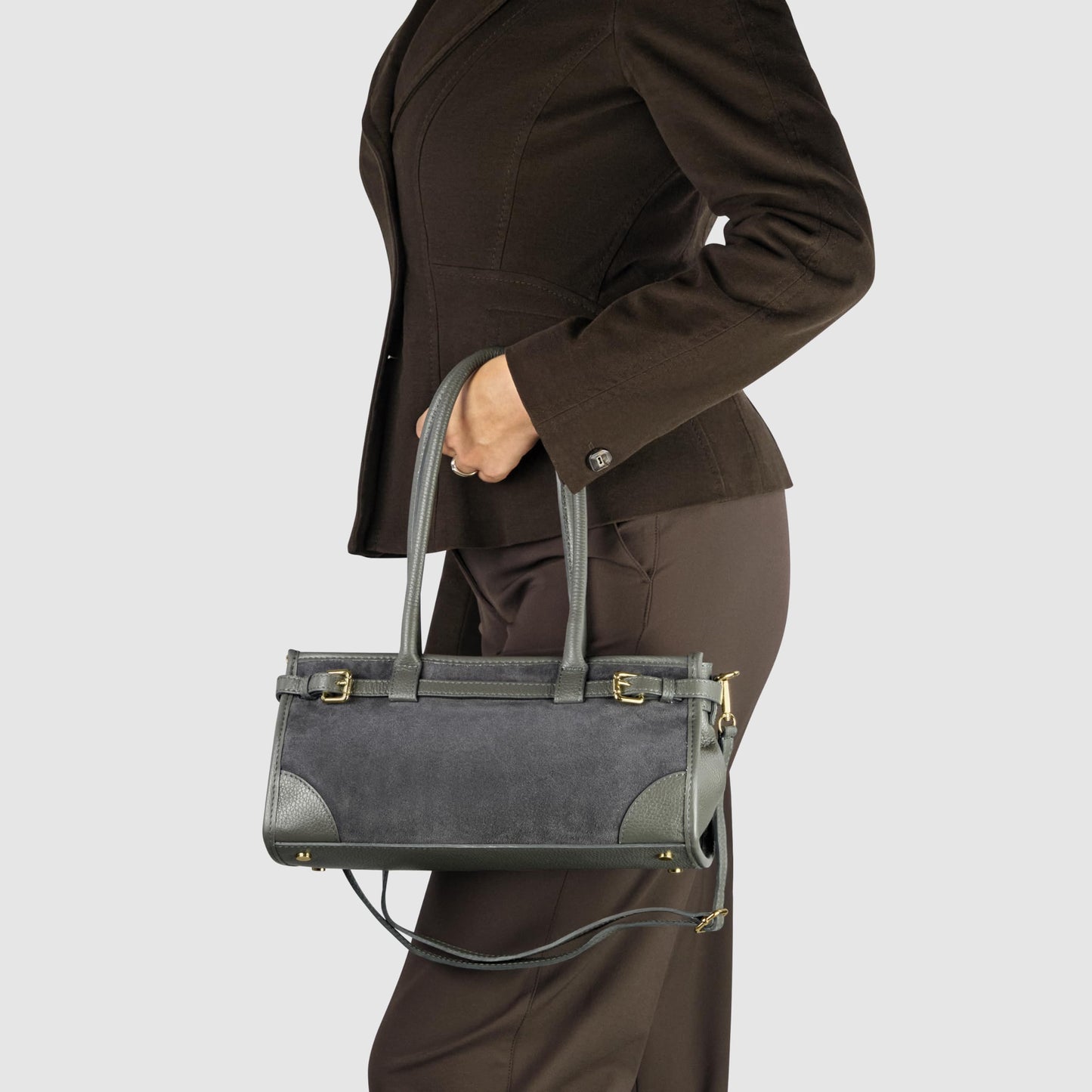Italian Genuine Suede Compact Bag for Women with Leather Trim | Rectangular Structured Shoulder Crossbody Purse (Dark Grey)