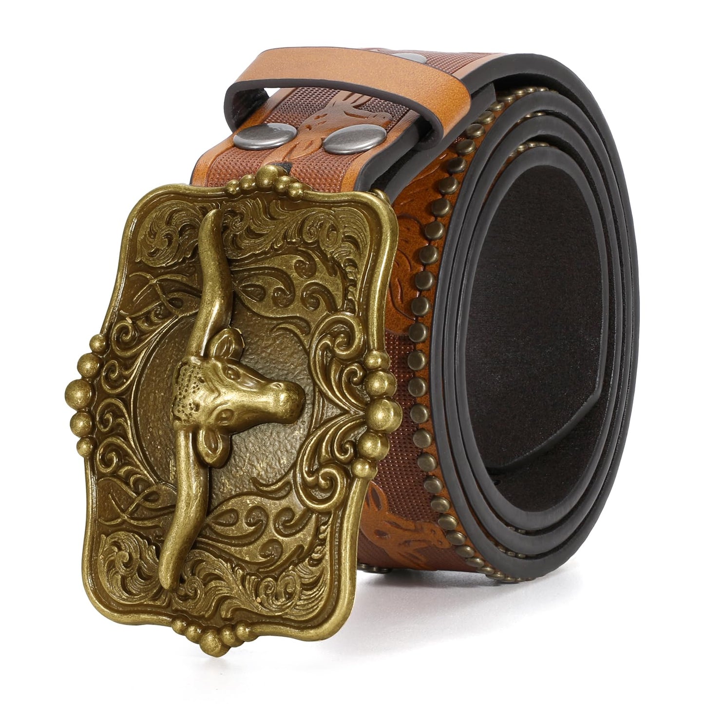 SUOSDEY Women Western Leather Belt, Cowboy Cowgirl Belt for Jeans Pants Longhorn Bull Big Buckle Belt brown