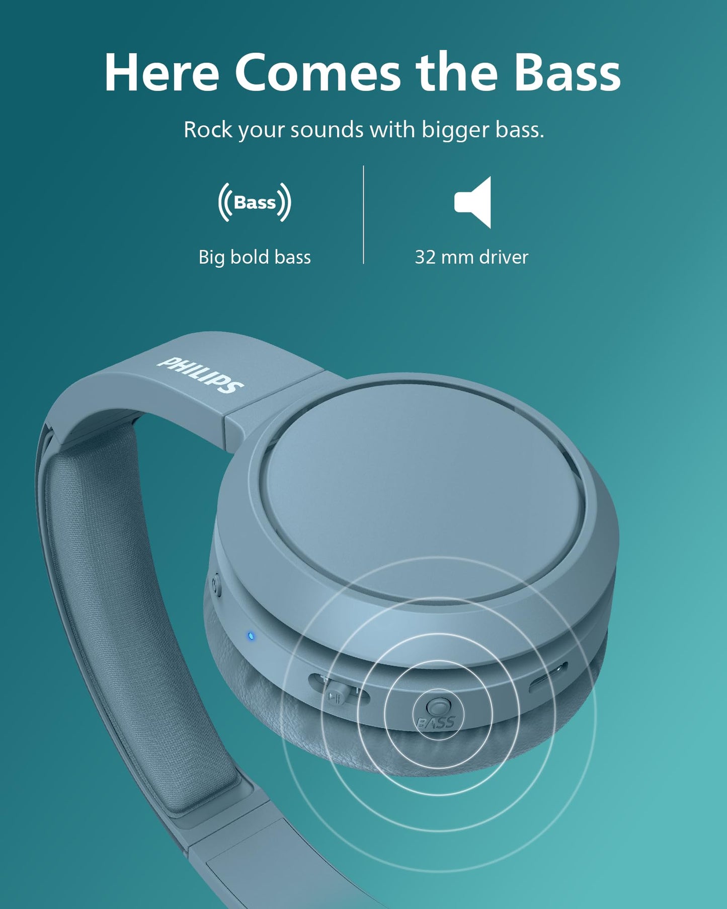 Philips H4205 Wireless Headphone,On-Ear Bluetooth Headphone with BASS Boost,Quality Sound,32mm Drivers,29-Hour Battery Life,Fast Charging,Lightweight,Adjustable Cushioned Headband,Soft Ear Cups,Blue